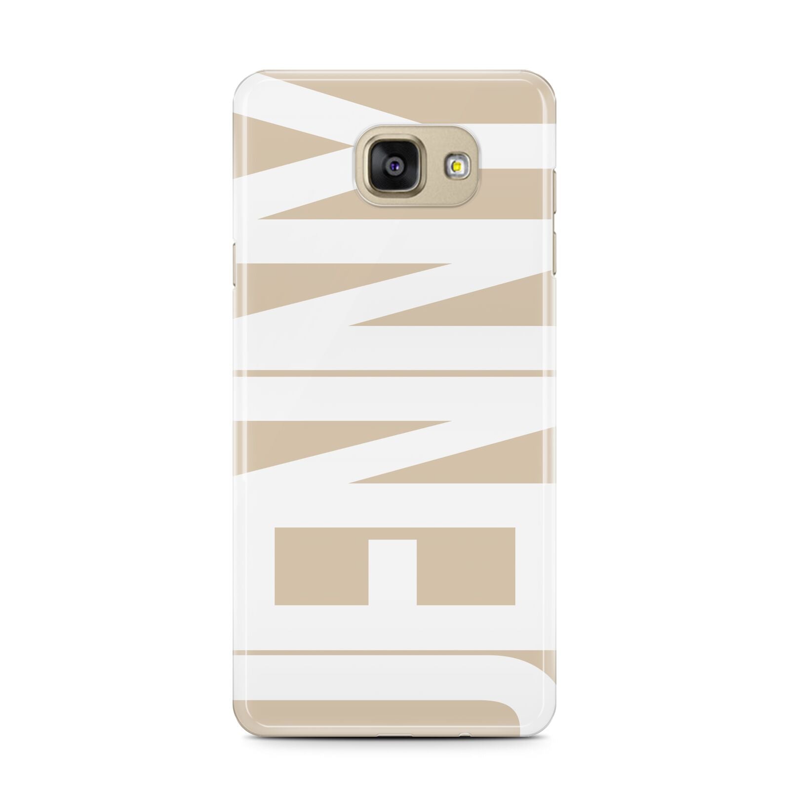 Taupe with Bold White Name Samsung Galaxy A7 2016 Case on gold phone