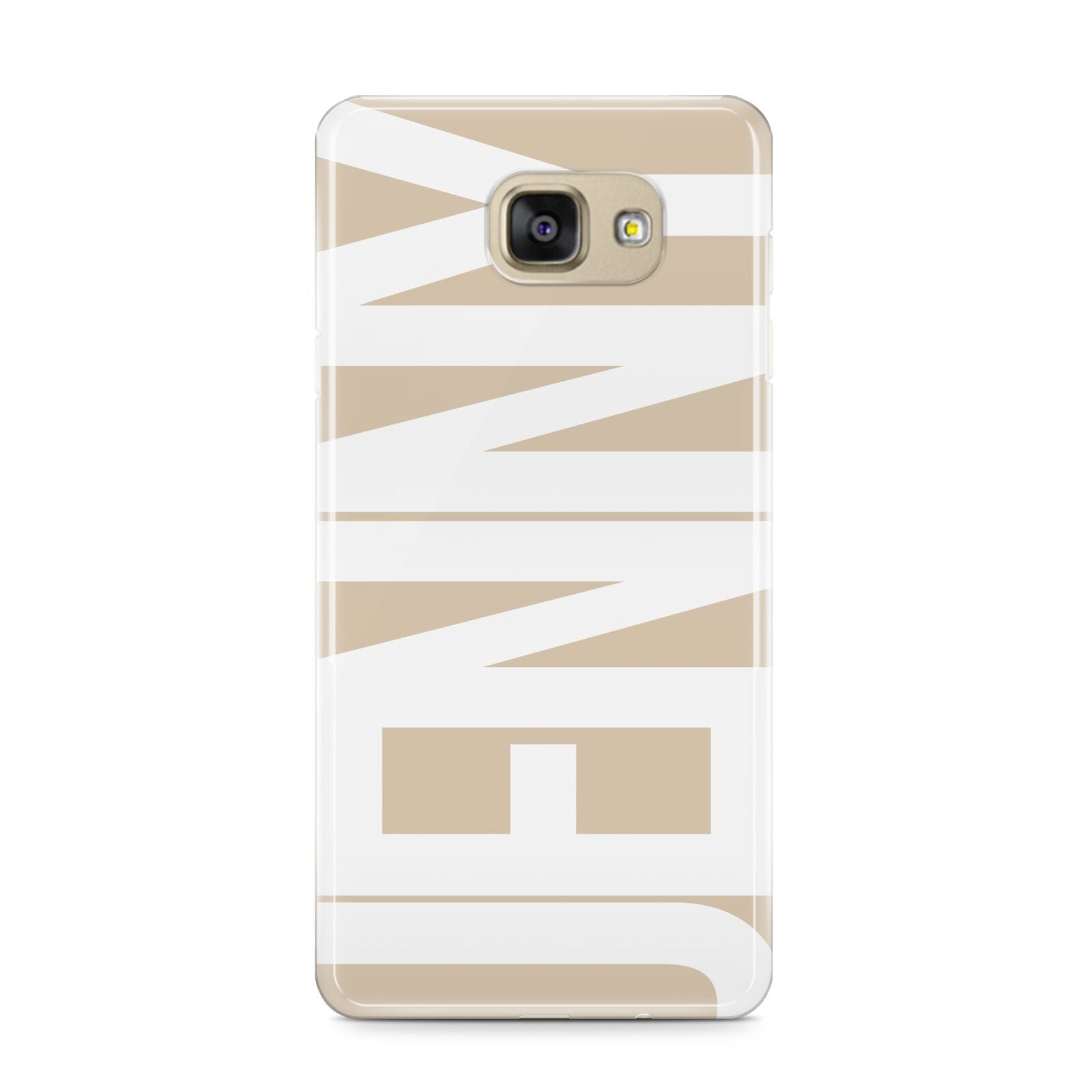 Taupe with Bold White Name Samsung Galaxy A9 2016 Case on gold phone