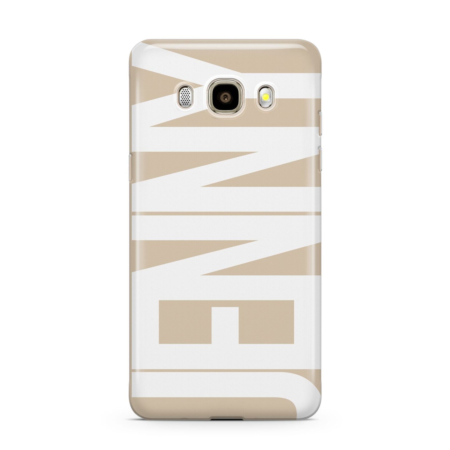 Taupe with Bold White Name Samsung Galaxy J7 2016 Case on gold phone