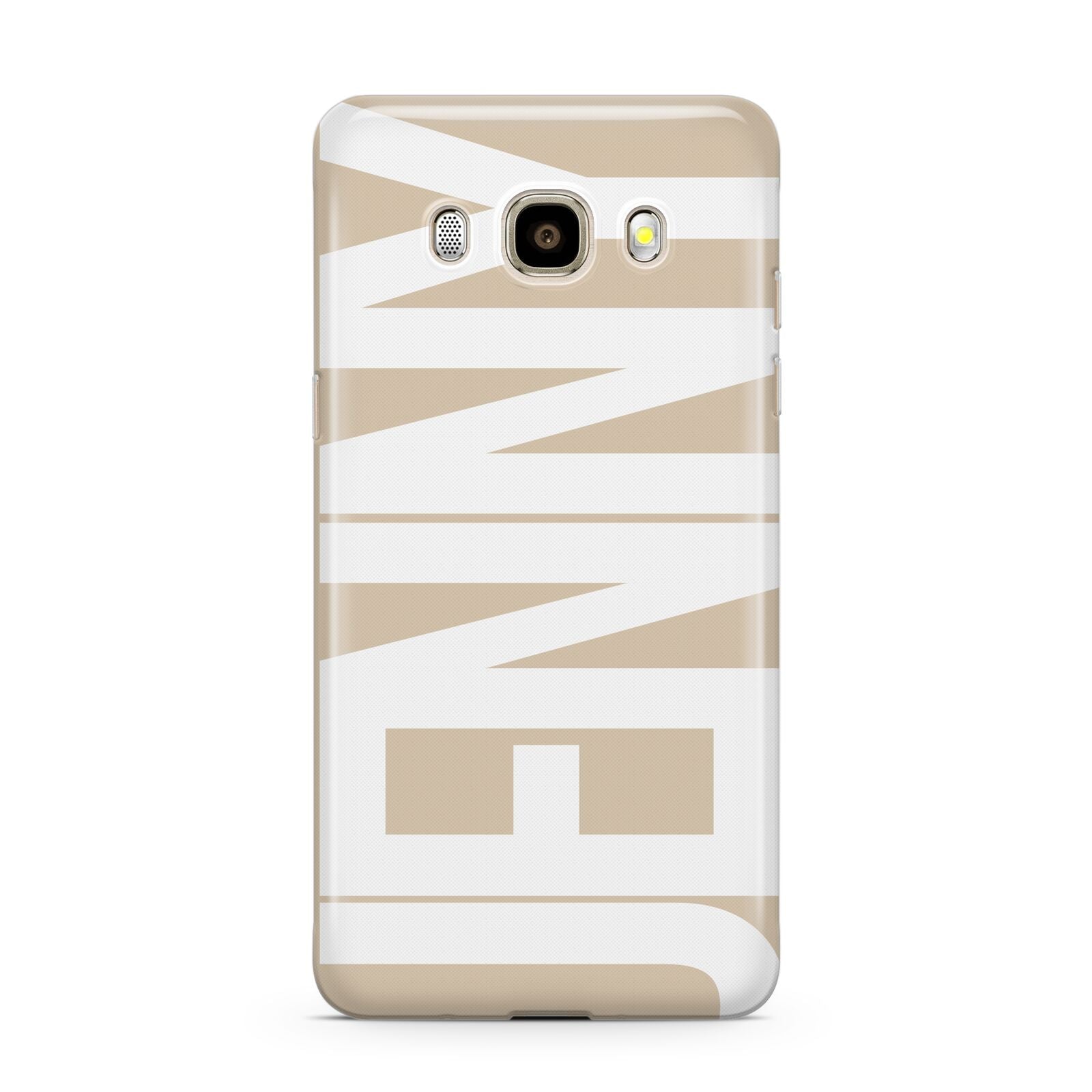 Taupe with Bold White Name Samsung Galaxy J7 2016 Case on gold phone