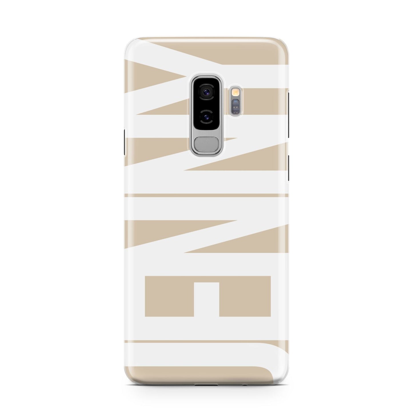 Taupe with Bold White Name Samsung Galaxy S9 Plus Case on Silver phone