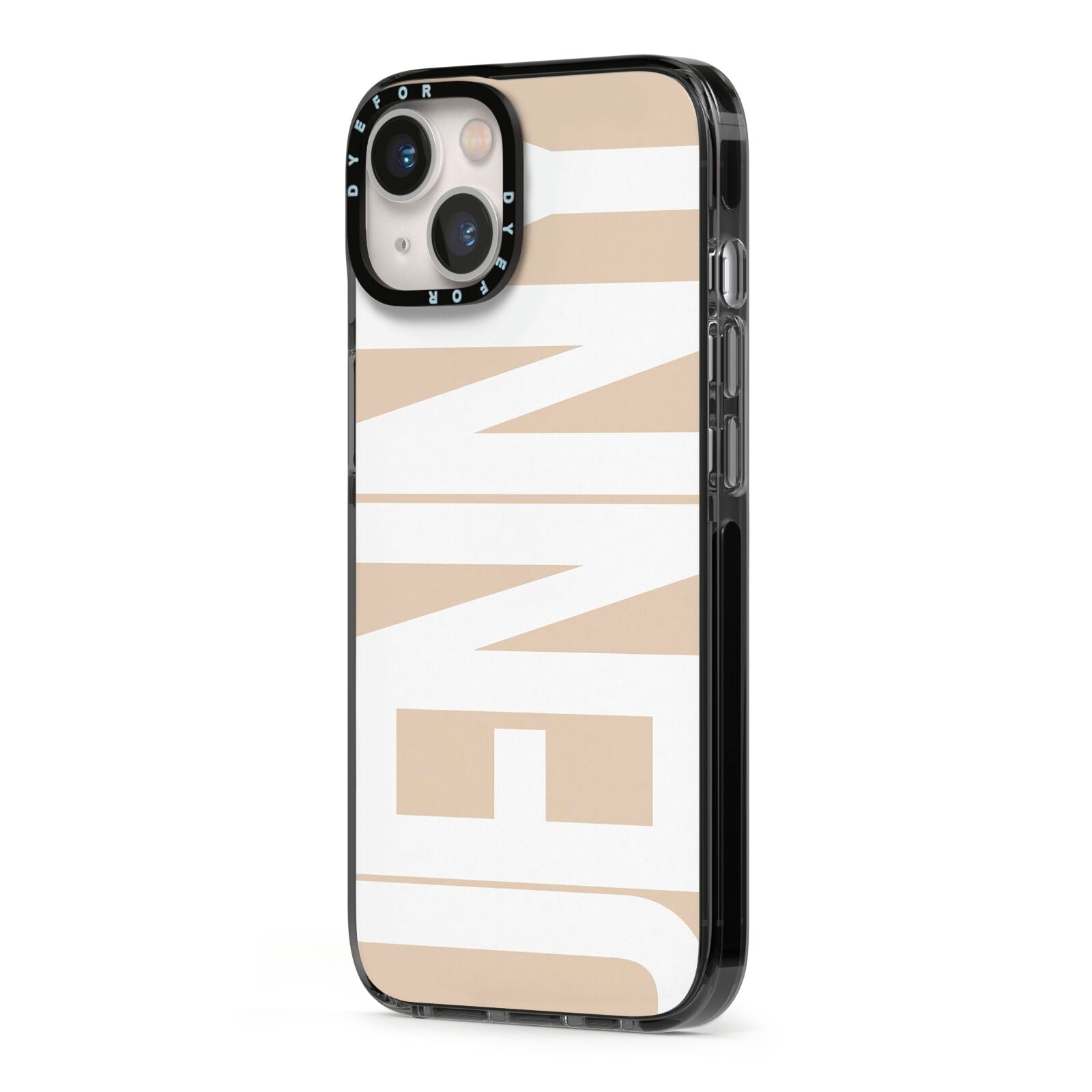 Taupe with Bold White Name iPhone 13 Black Impact Case Side Angle on Silver phone