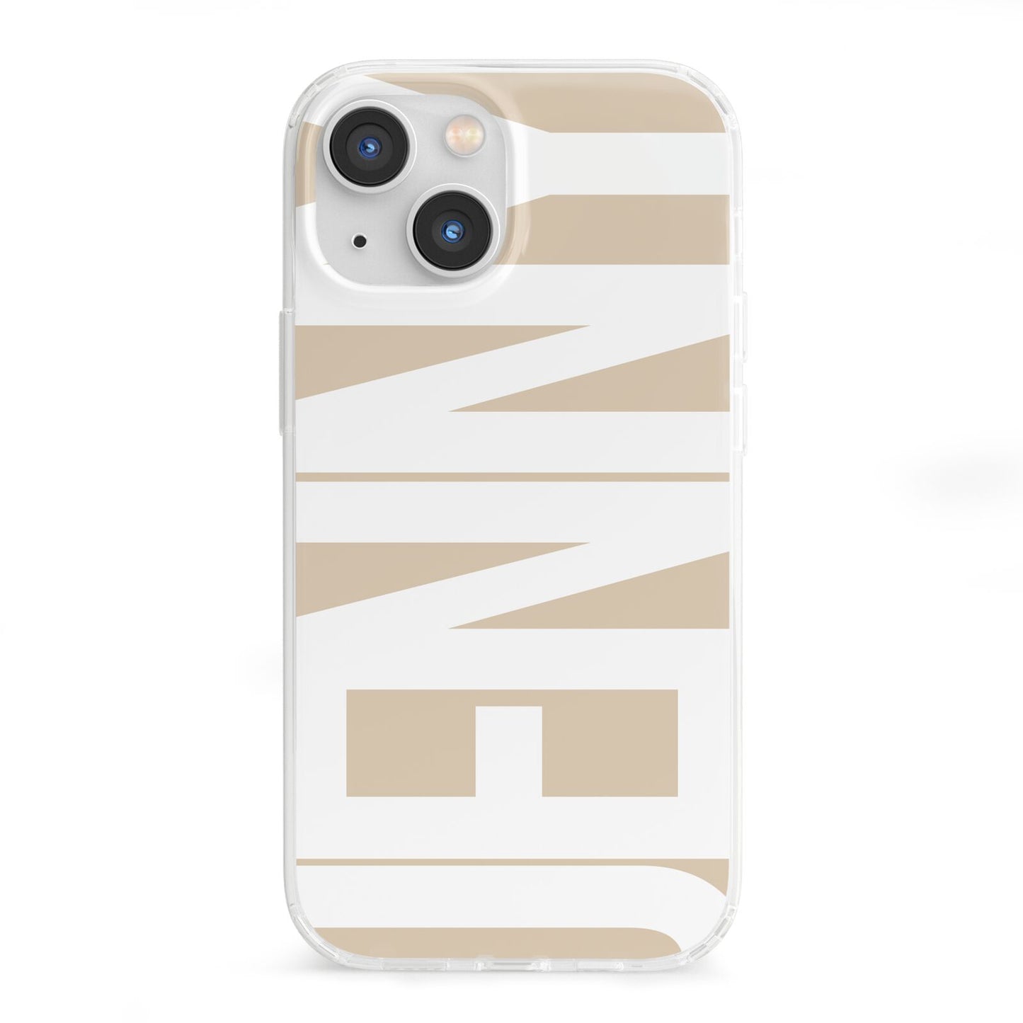 Taupe with Bold White Name iPhone 13 Mini Clear Bumper Case