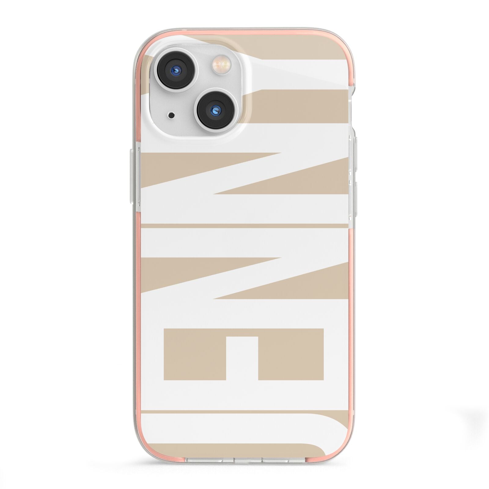 Taupe with Bold White Name iPhone 13 Mini TPU Impact Case with Pink Edges