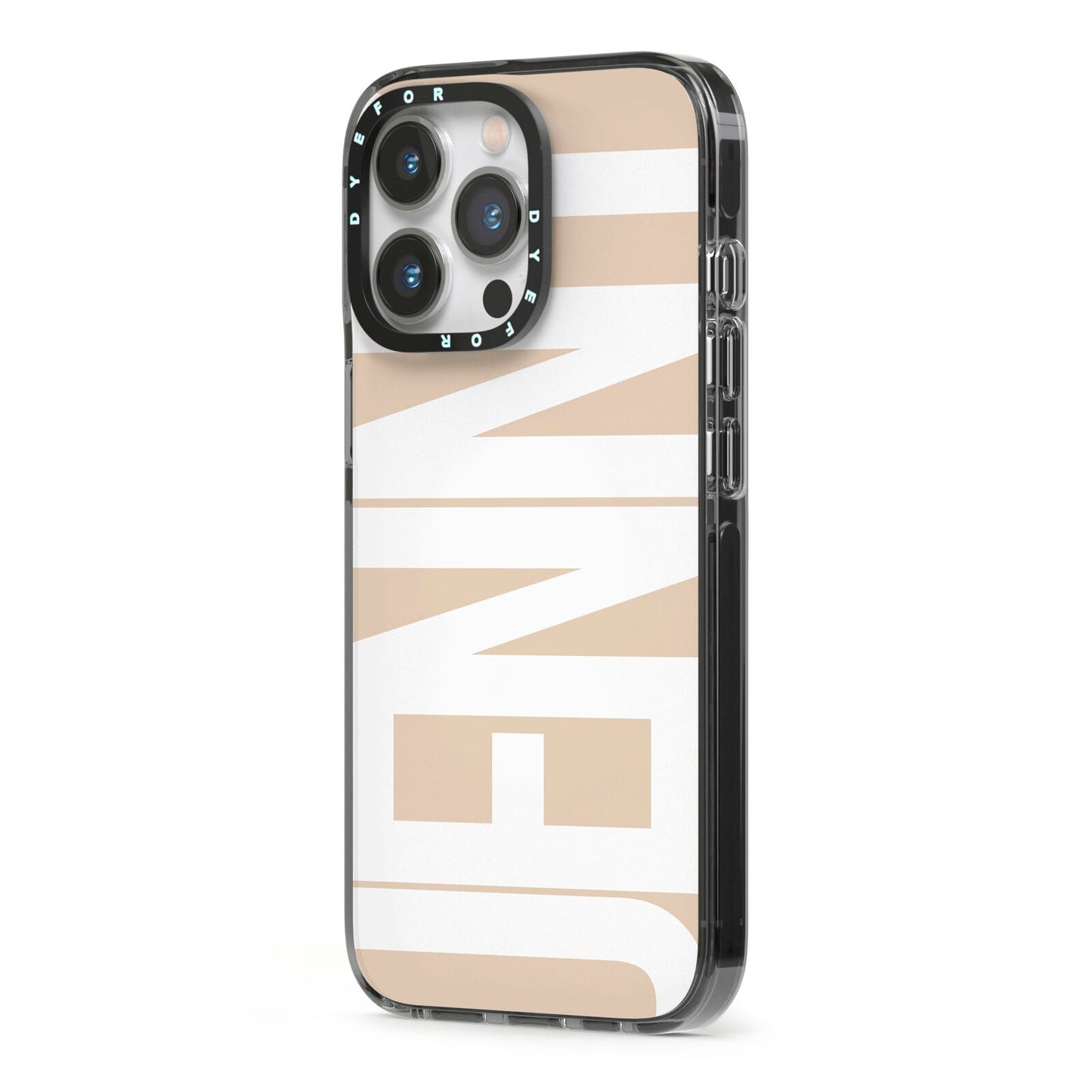 Taupe with Bold White Name iPhone 13 Pro Black Impact Case Side Angle on Silver phone