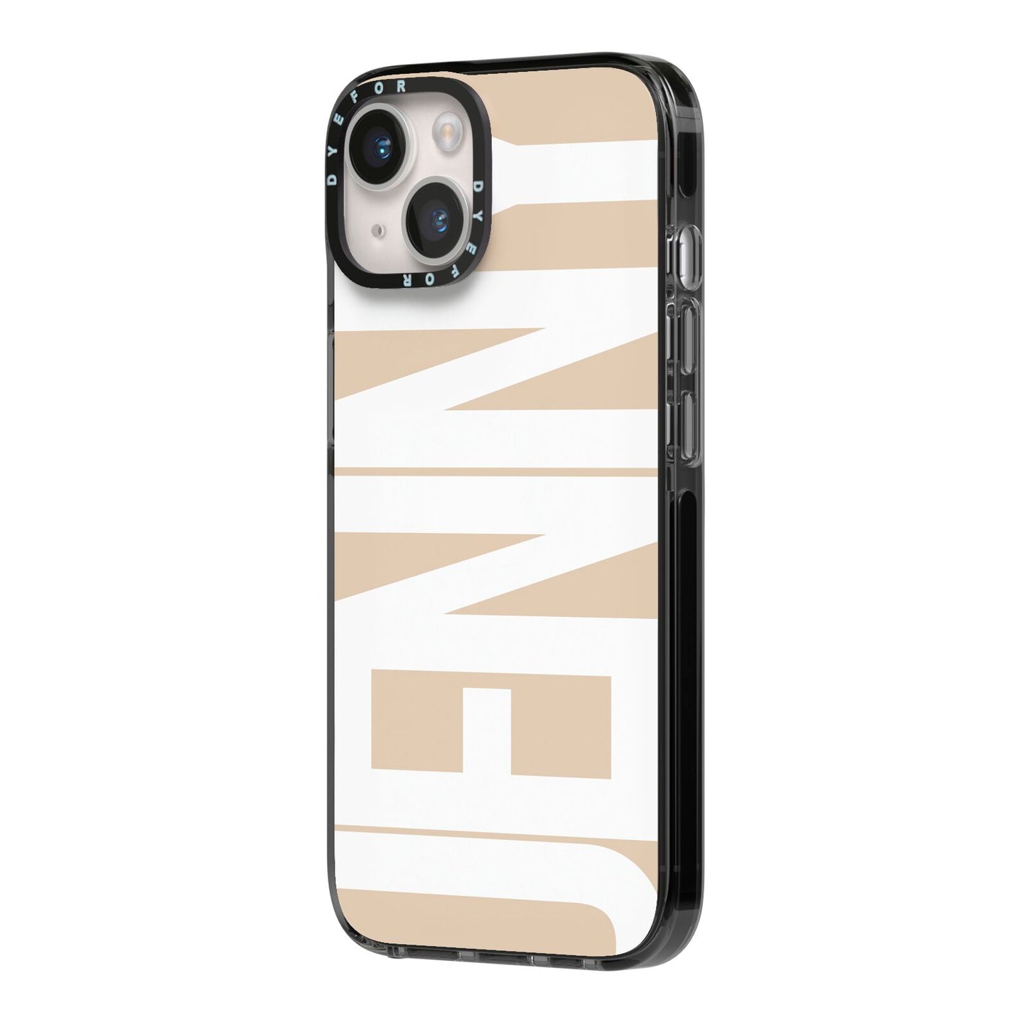 Taupe with Bold White Name iPhone 14 Black Impact Case Side Angle on Silver phone