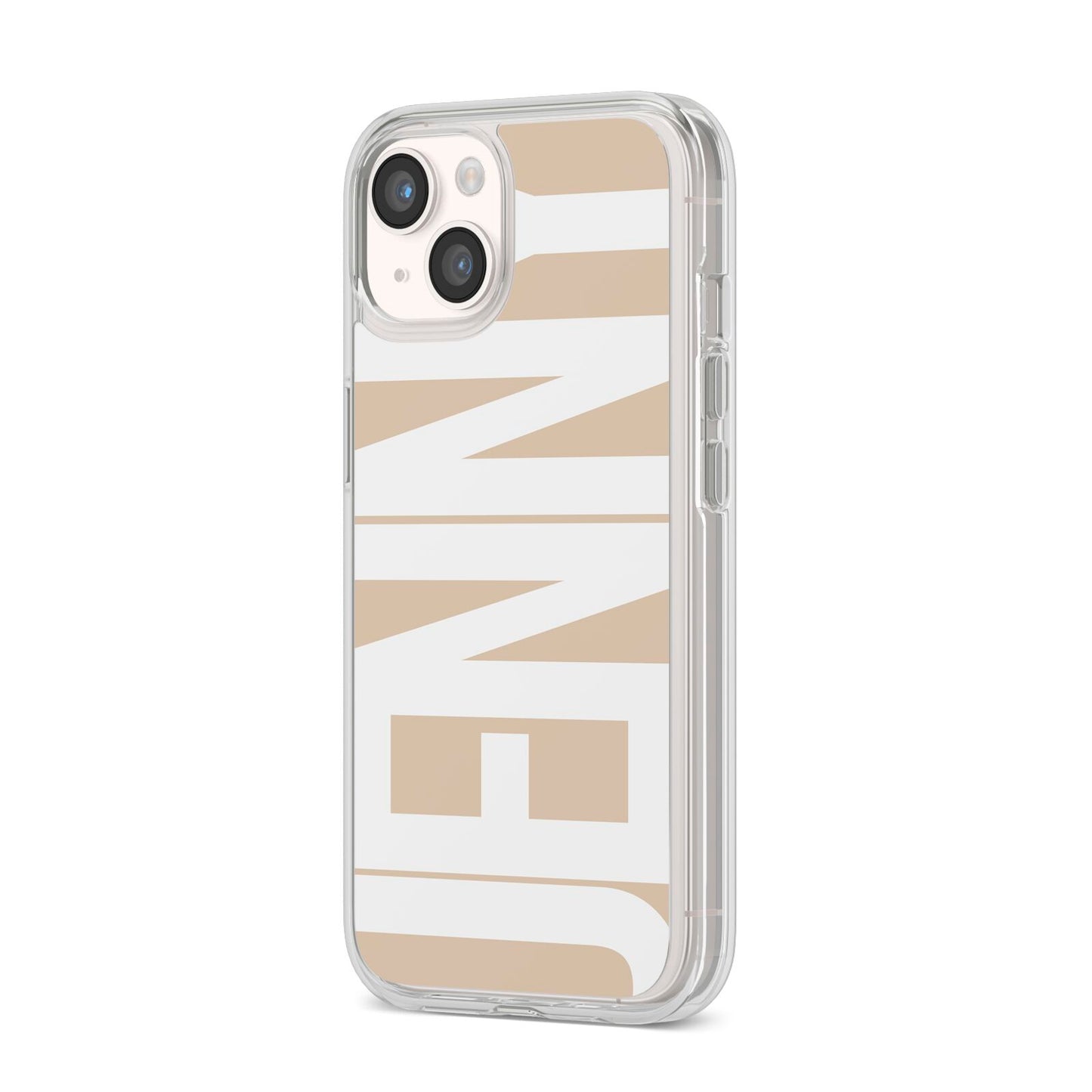 Taupe with Bold White Name iPhone 14 Clear Tough Case Starlight Angled Image