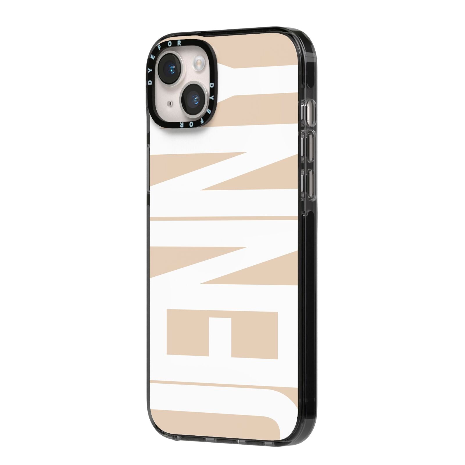 Taupe with Bold White Name iPhone 14 Plus Black Impact Case Side Angle on Silver phone