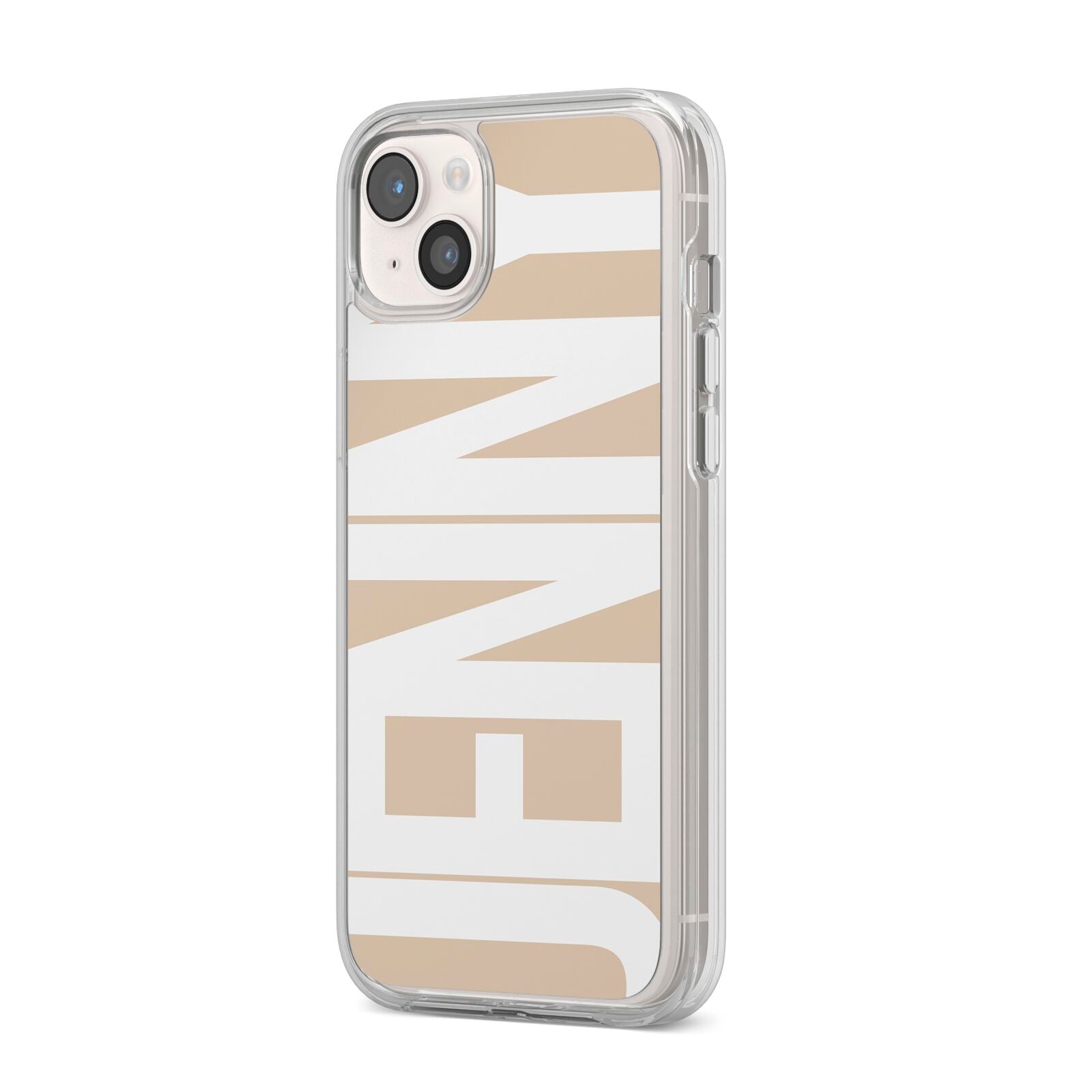 Taupe with Bold White Name iPhone 14 Plus Clear Tough Case Starlight Angled Image