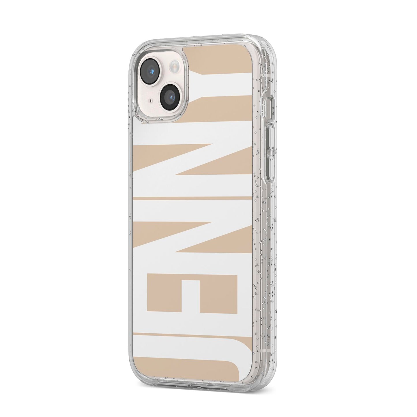 Taupe with Bold White Name iPhone 14 Plus Glitter Tough Case Starlight Angled Image