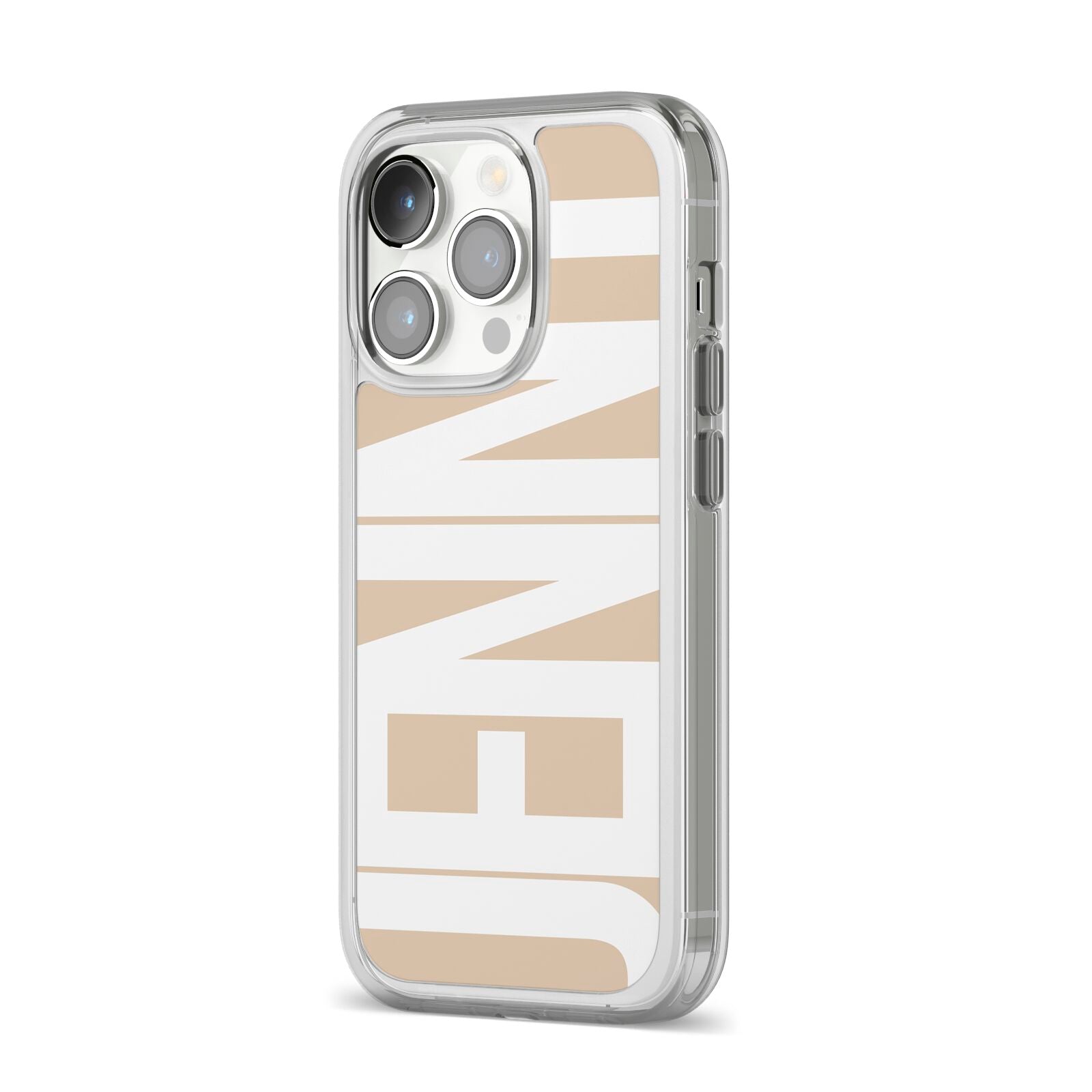 Taupe with Bold White Name iPhone 14 Pro Clear Tough Case Silver Angled Image