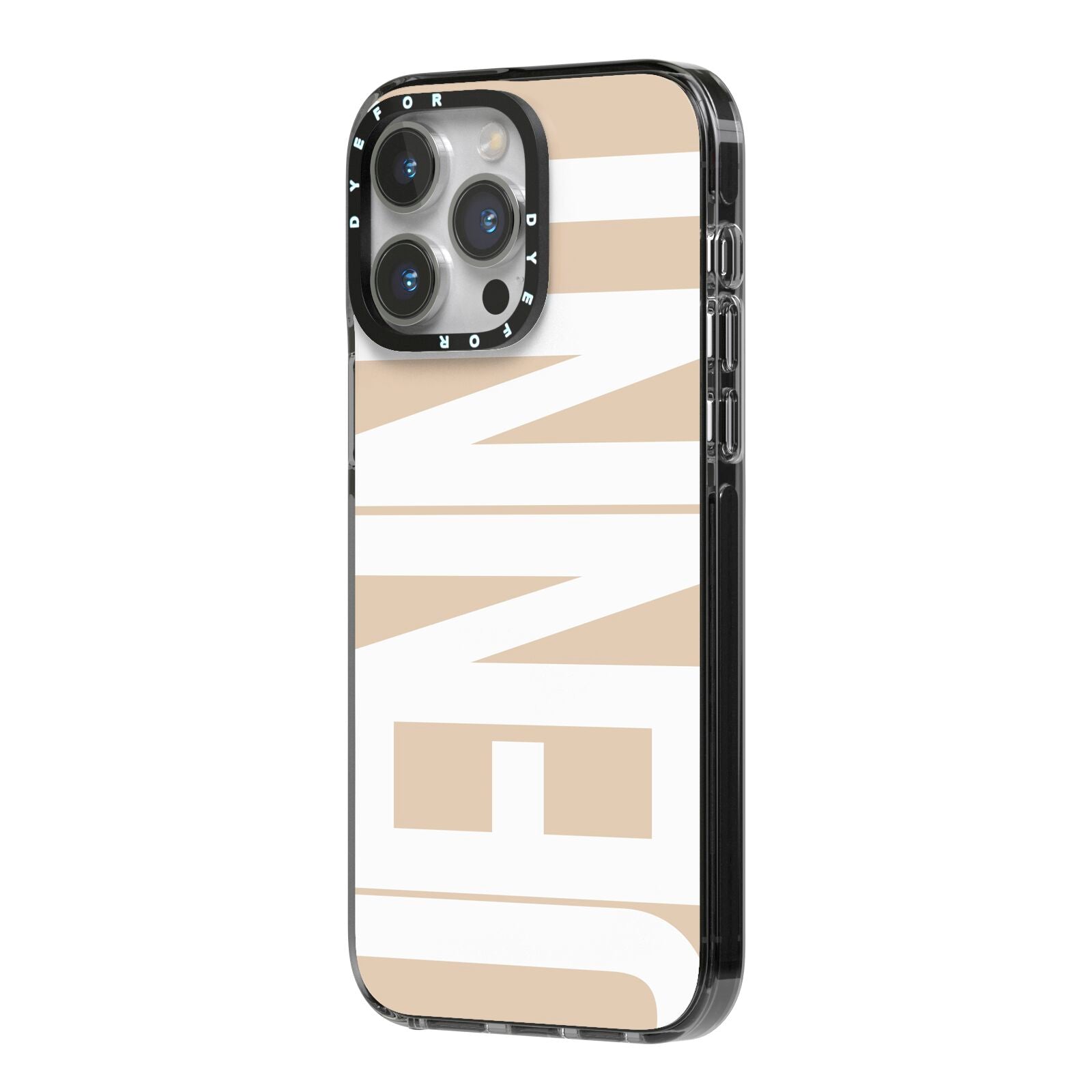 Taupe with Bold White Name iPhone 14 Pro Max Black Impact Case Side Angle on Silver phone