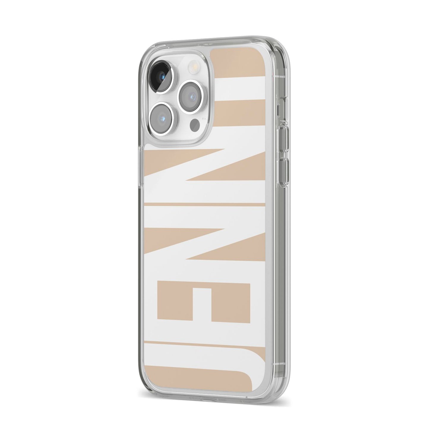 Taupe with Bold White Name iPhone 14 Pro Max Clear Tough Case Silver Angled Image