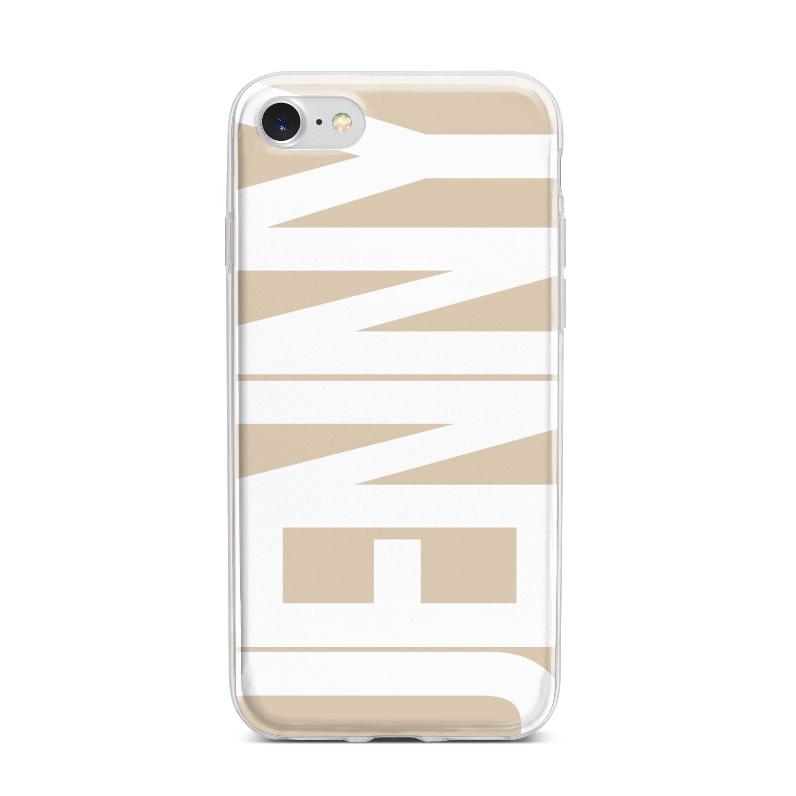 Taupe with Bold White Name iPhone 7 Bumper Case on Silver iPhone