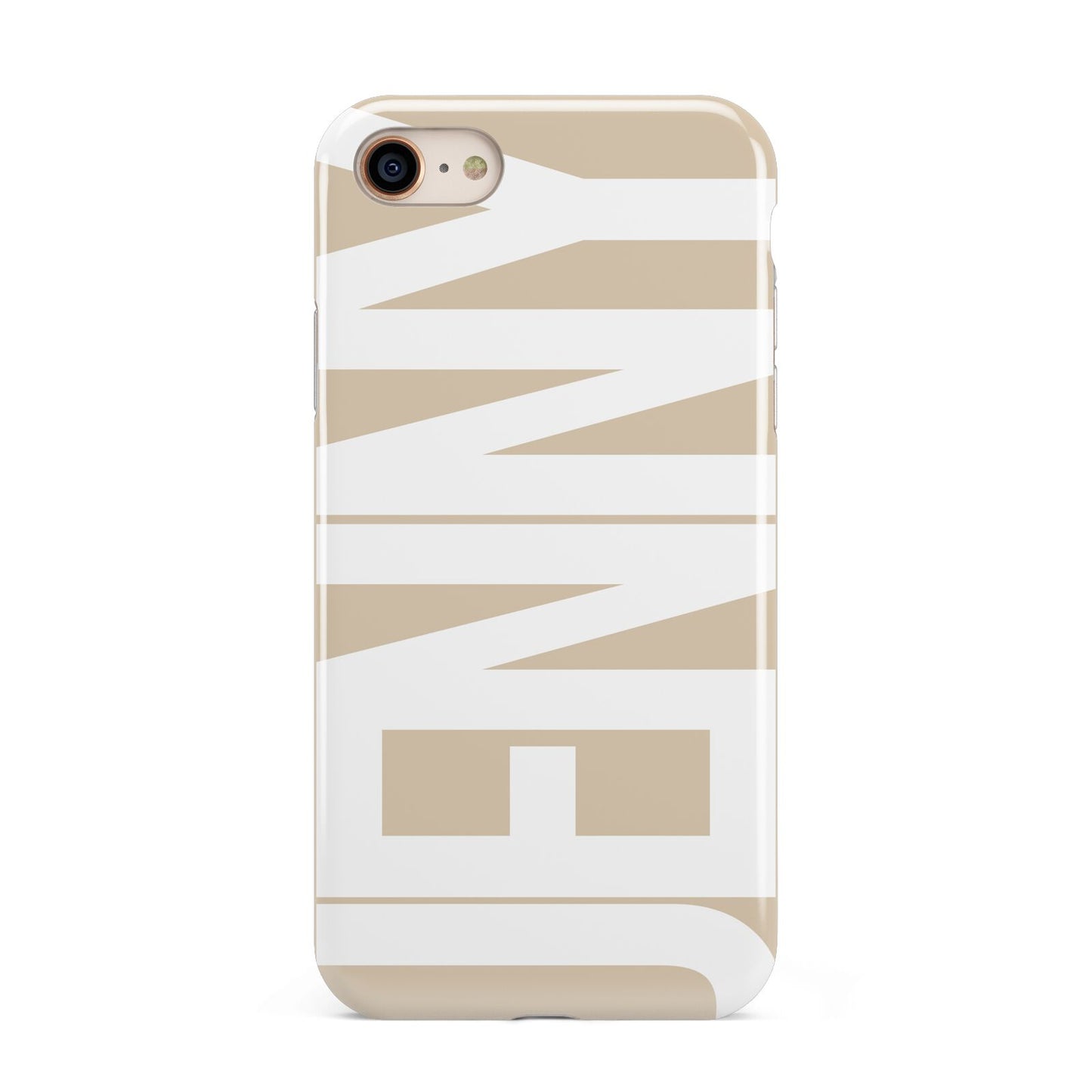 Taupe with Bold White Name iPhone 8 3D Tough Case on Gold Phone