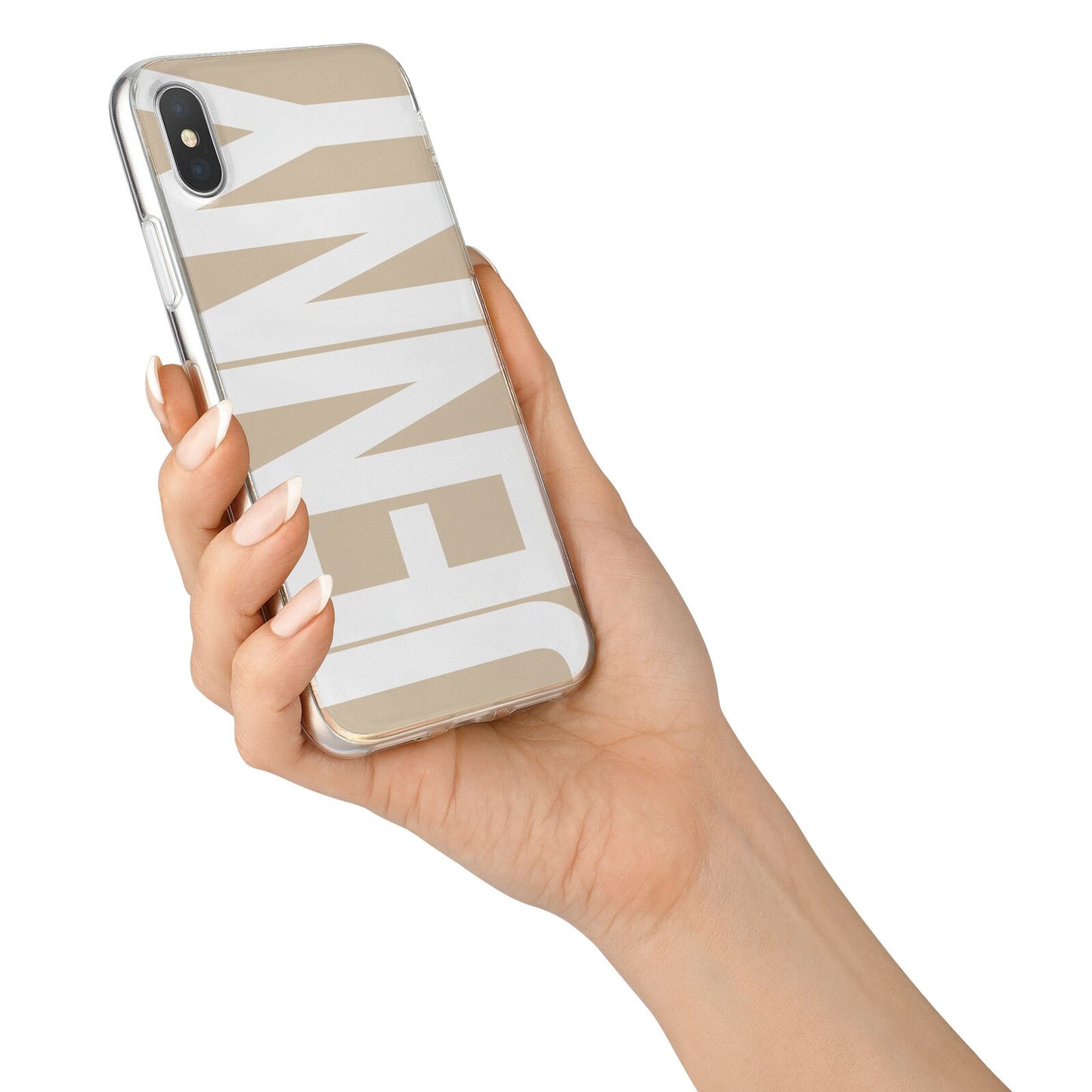 Taupe with Bold White Name iPhone X Bumper Case on Silver iPhone Alternative Image 2