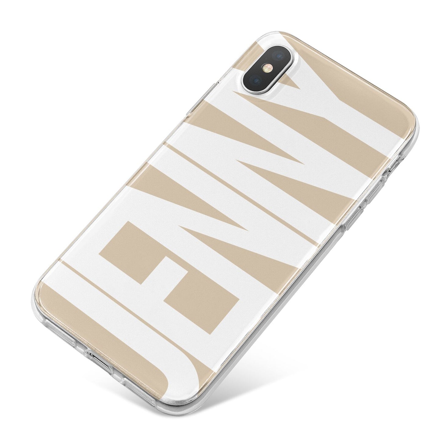 Taupe with Bold White Name iPhone X Bumper Case on Silver iPhone