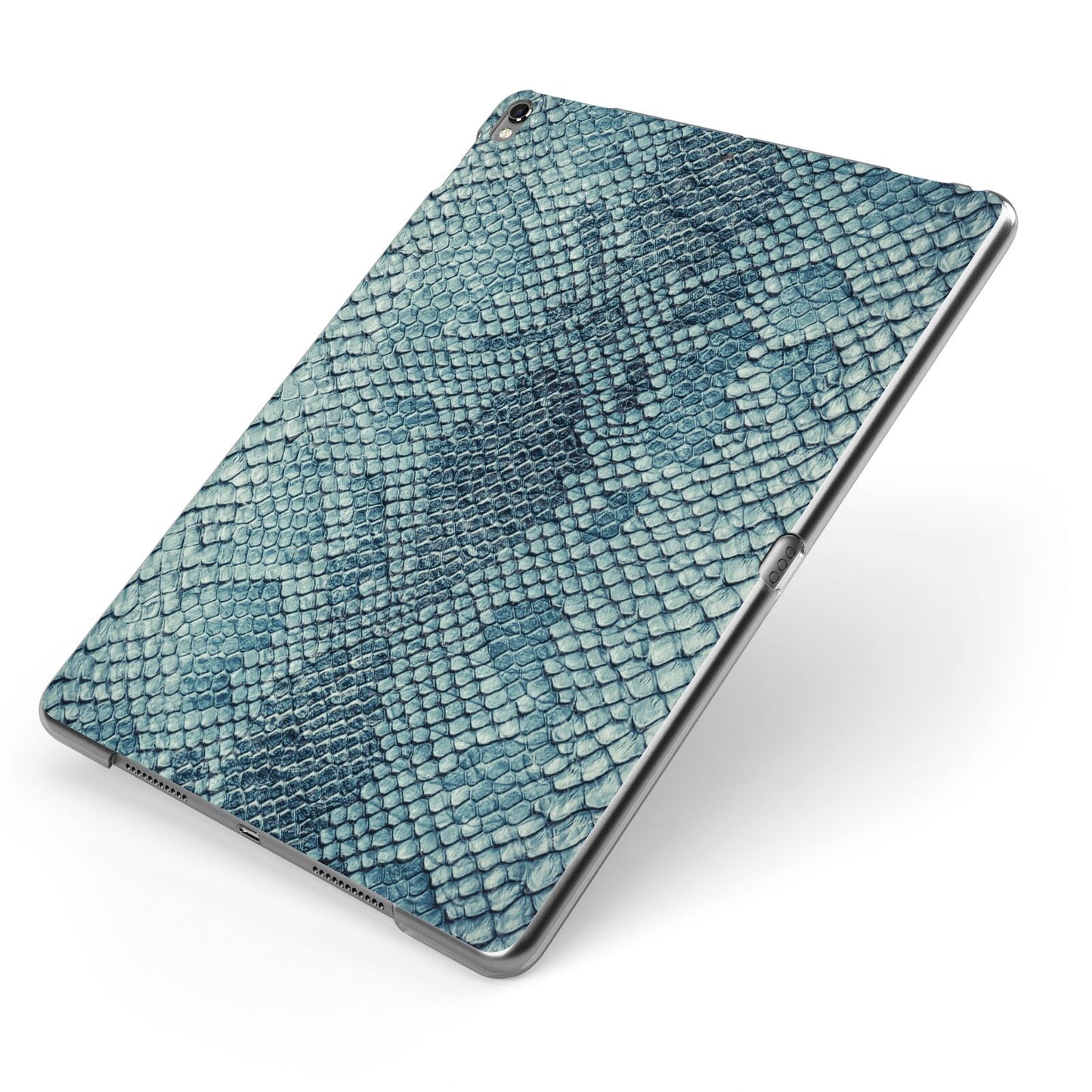 Teal Snakeskin Apple iPad Case on Grey iPad Side View