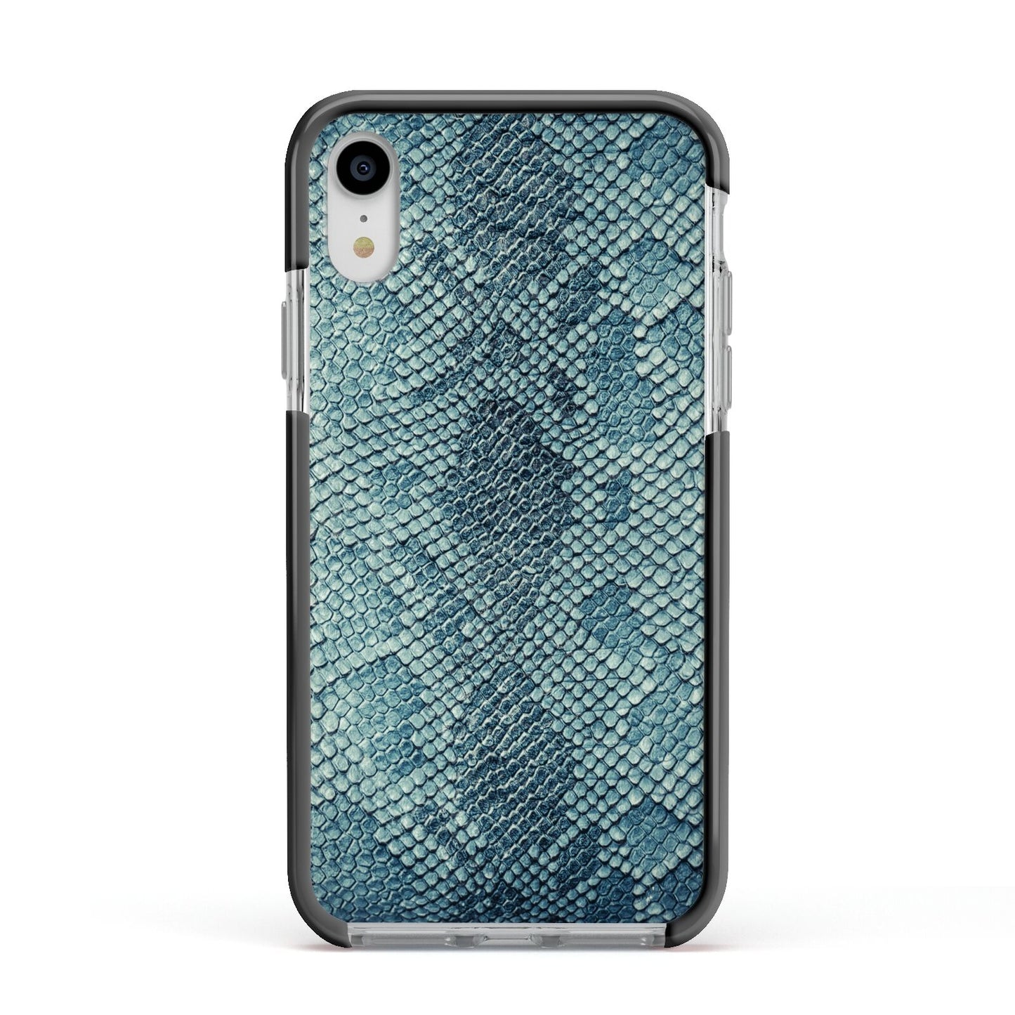 Teal Snakeskin Apple iPhone XR Impact Case Black Edge on Silver Phone