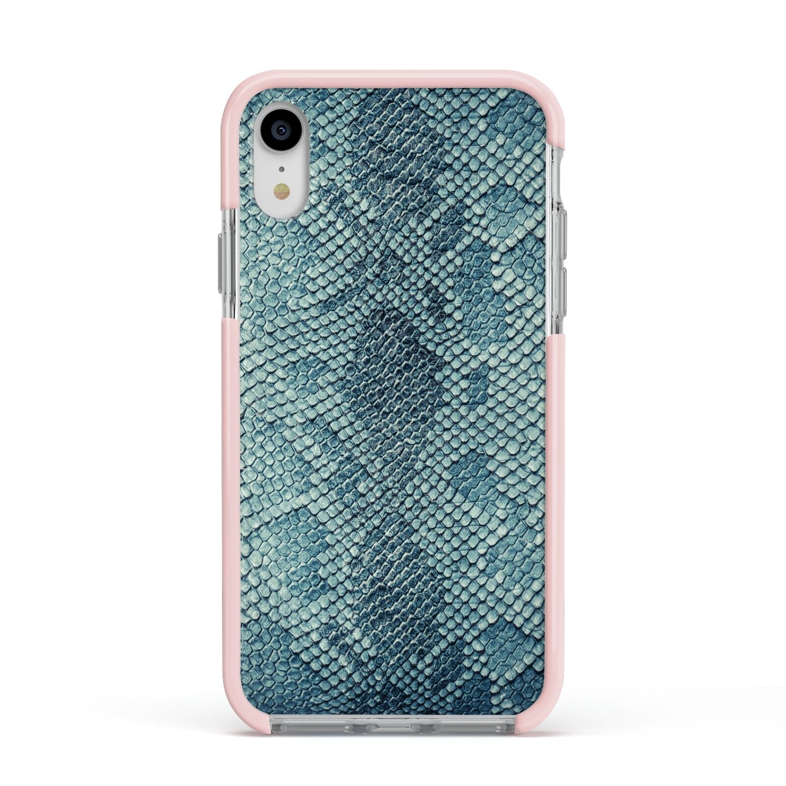 Teal Snakeskin Apple iPhone XR Impact Case Pink Edge on Silver Phone