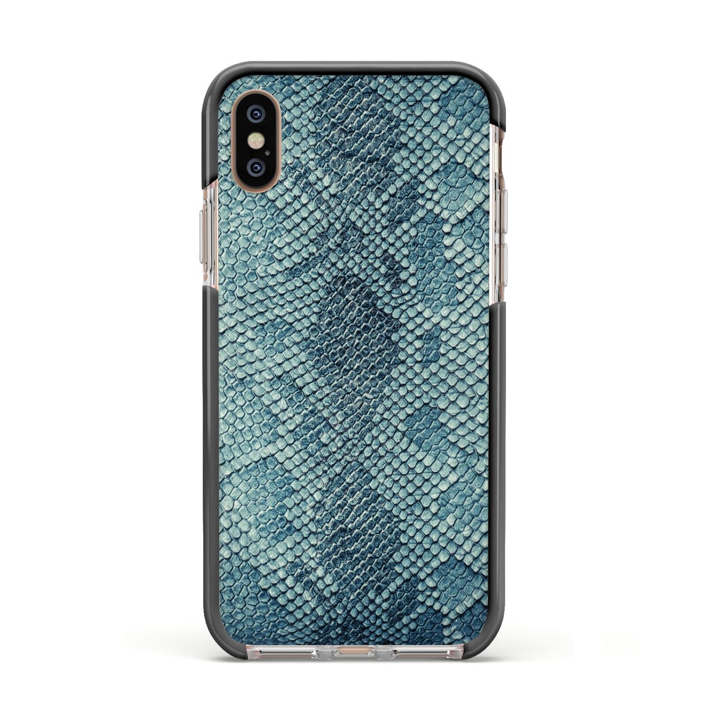 Teal Snakeskin Apple iPhone Xs Impact Case Black Edge on Gold Phone