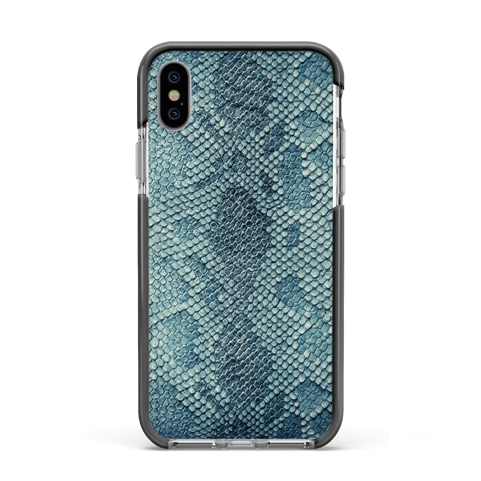 Teal Snakeskin Apple iPhone Xs Impact Case Black Edge on Silver Phone