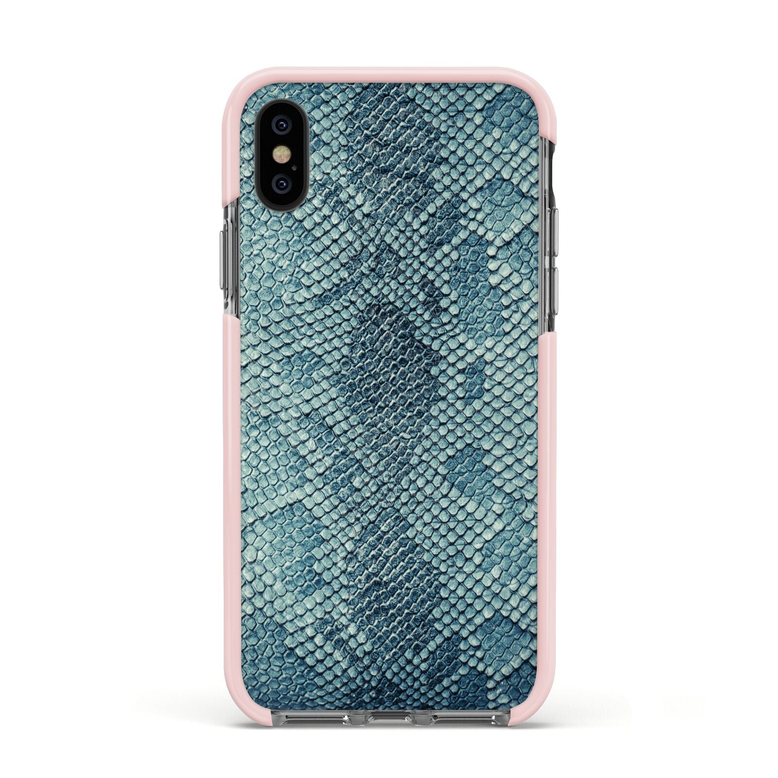 Teal Snakeskin Apple iPhone Xs Impact Case Pink Edge on Black Phone