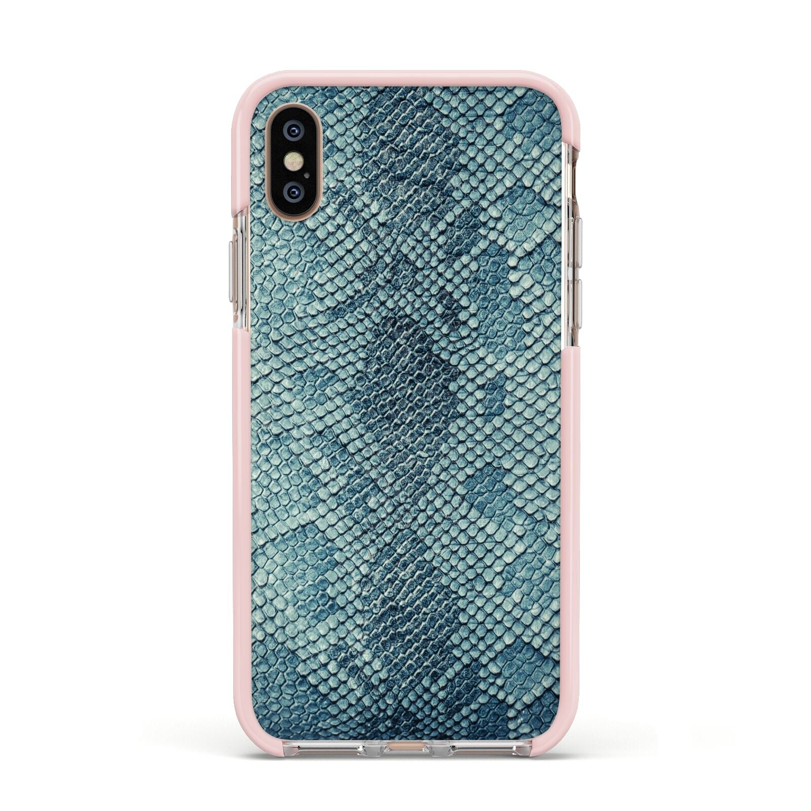 Teal Snakeskin Apple iPhone Xs Impact Case Pink Edge on Gold Phone