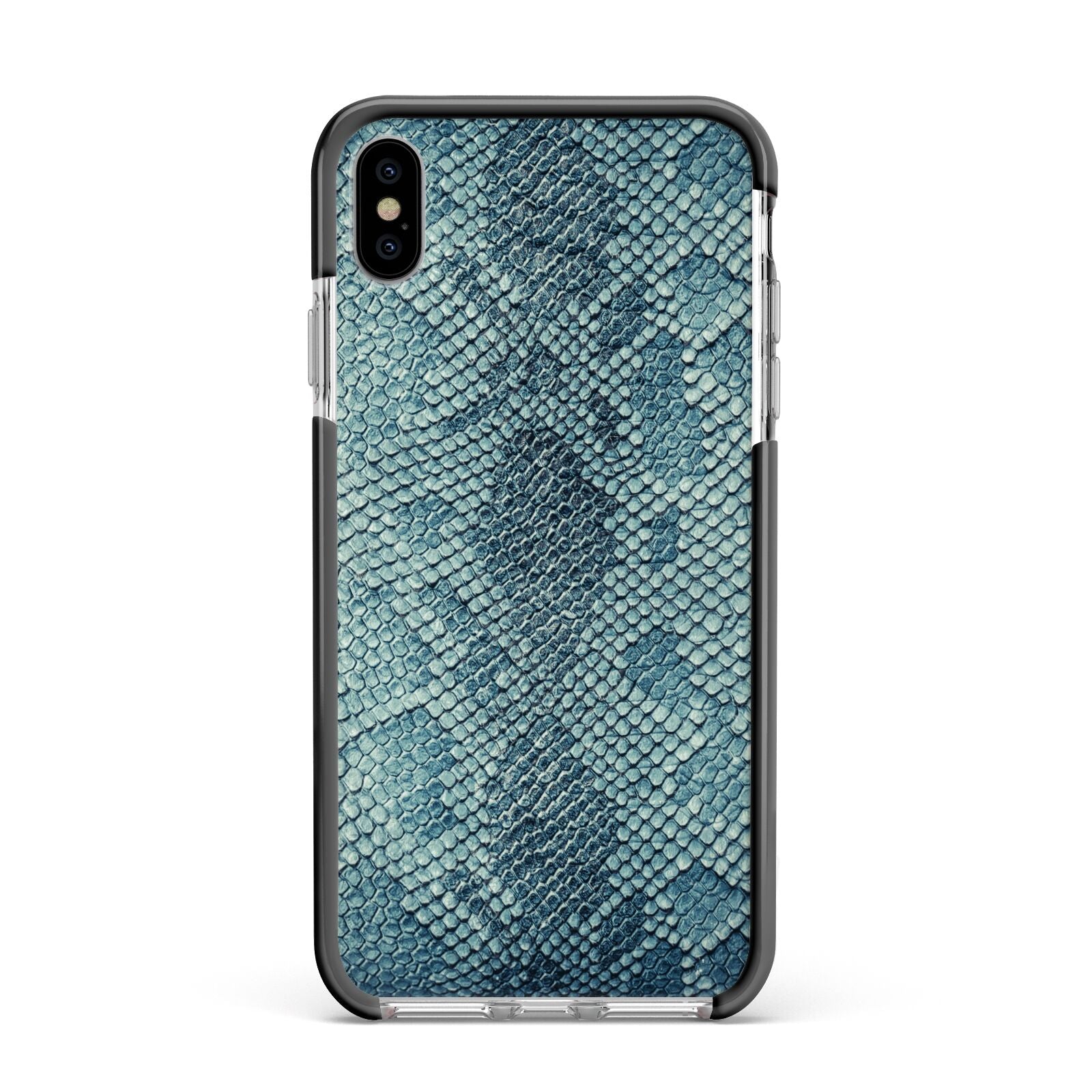 Teal Snakeskin Apple iPhone Xs Max Impact Case Black Edge on Silver Phone