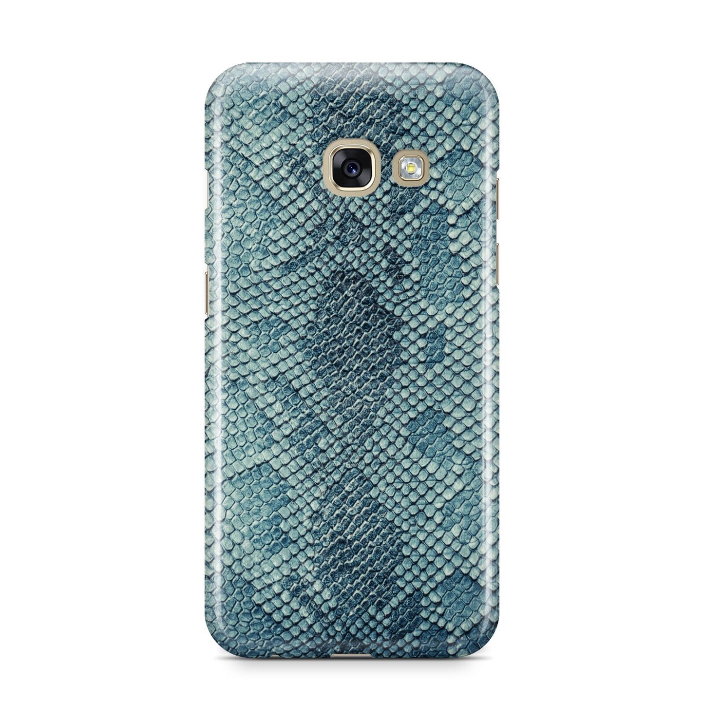 Teal Snakeskin Samsung Galaxy A3 2017 Case on gold phone