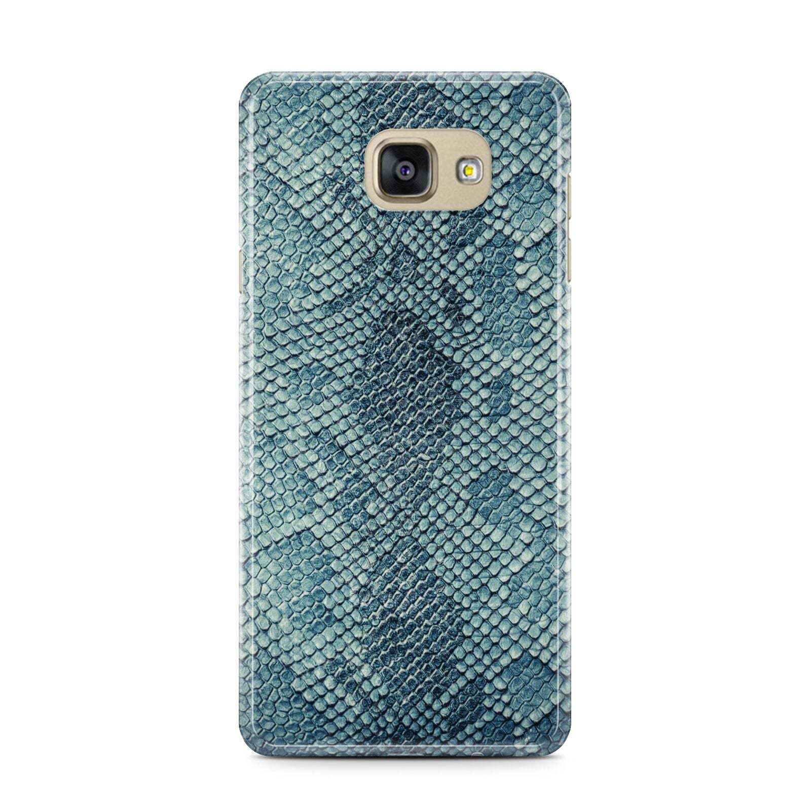 Teal Snakeskin Samsung Galaxy A7 2016 Case on gold phone