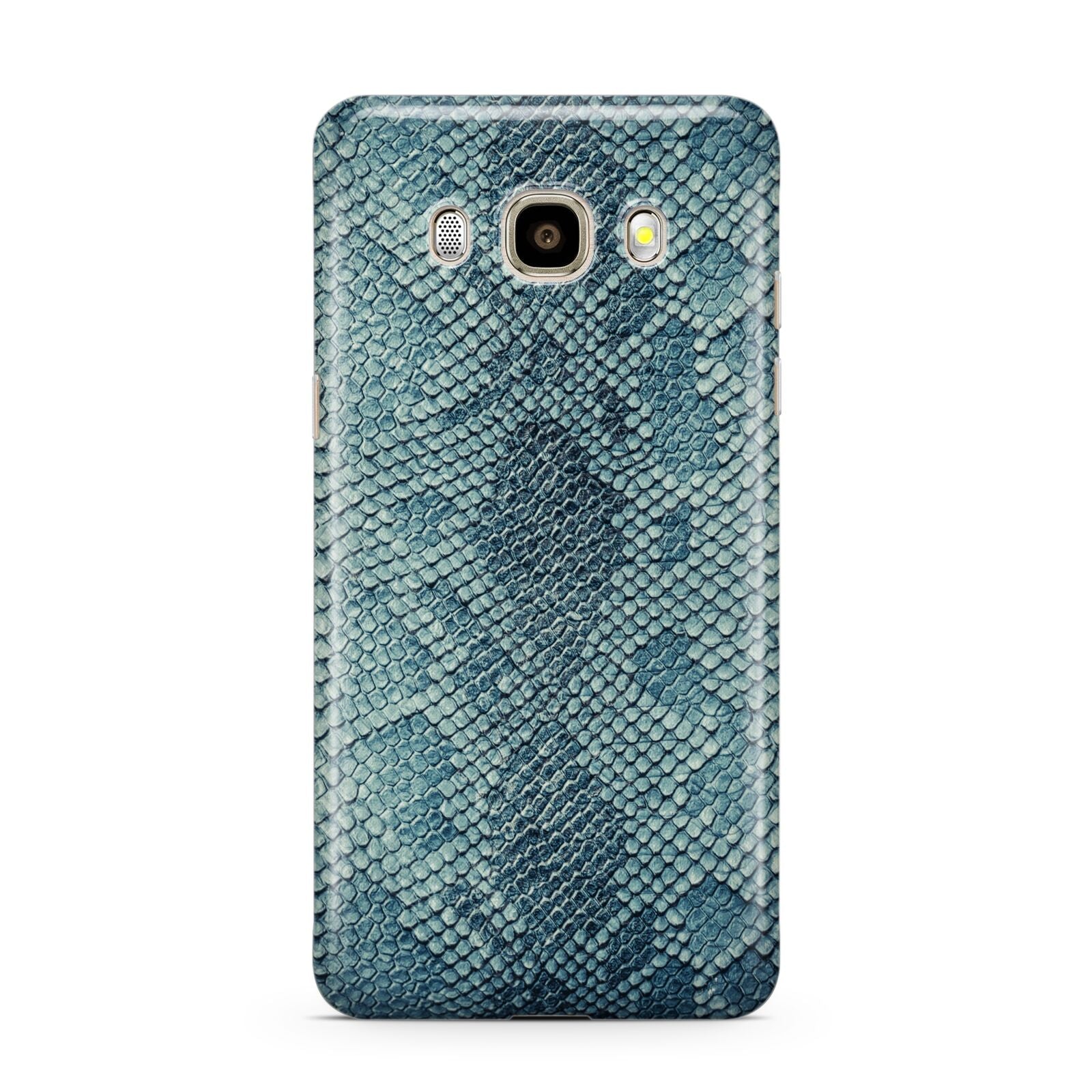 Teal Snakeskin Samsung Galaxy J7 2016 Case on gold phone