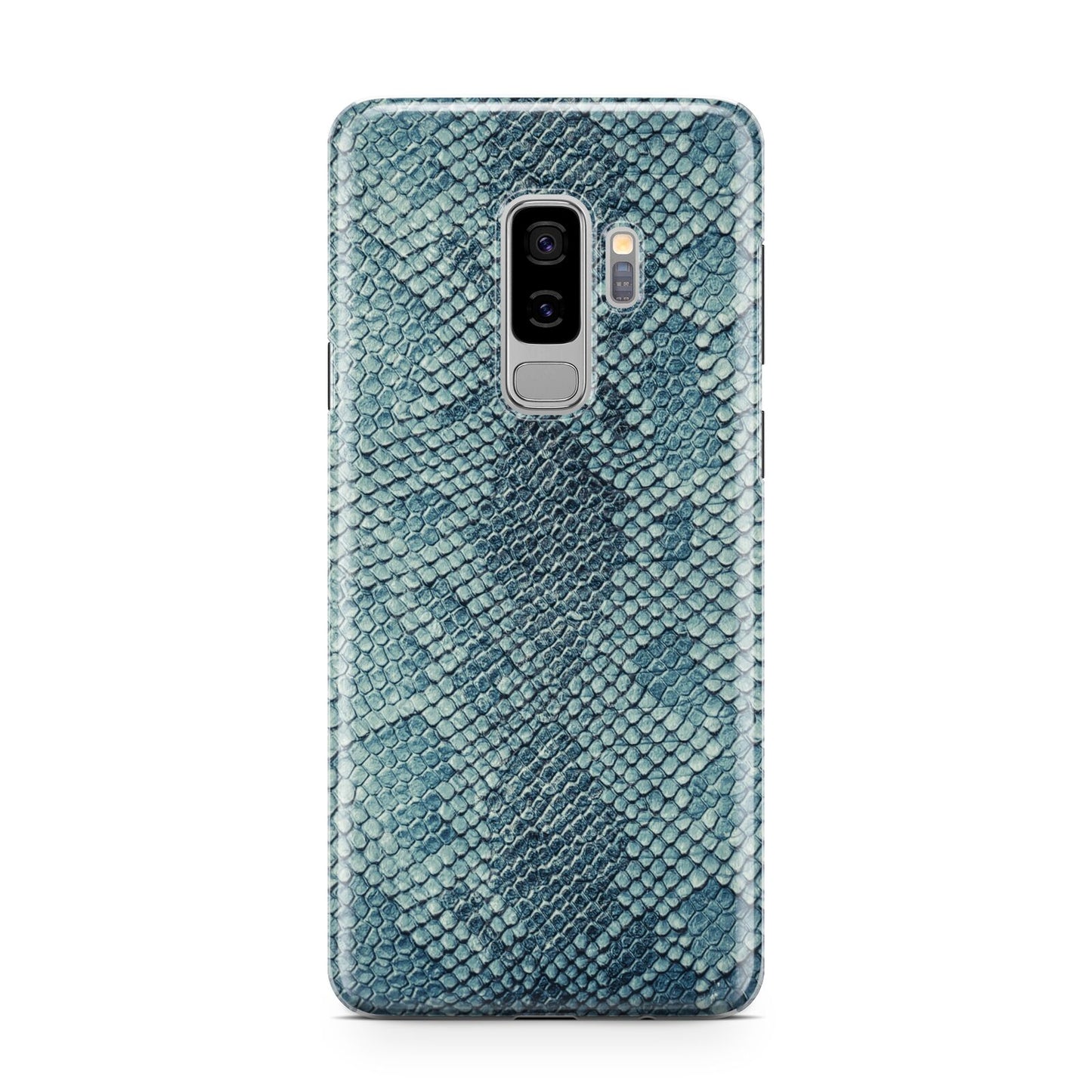 Teal Snakeskin Samsung Galaxy S9 Plus Case on Silver phone