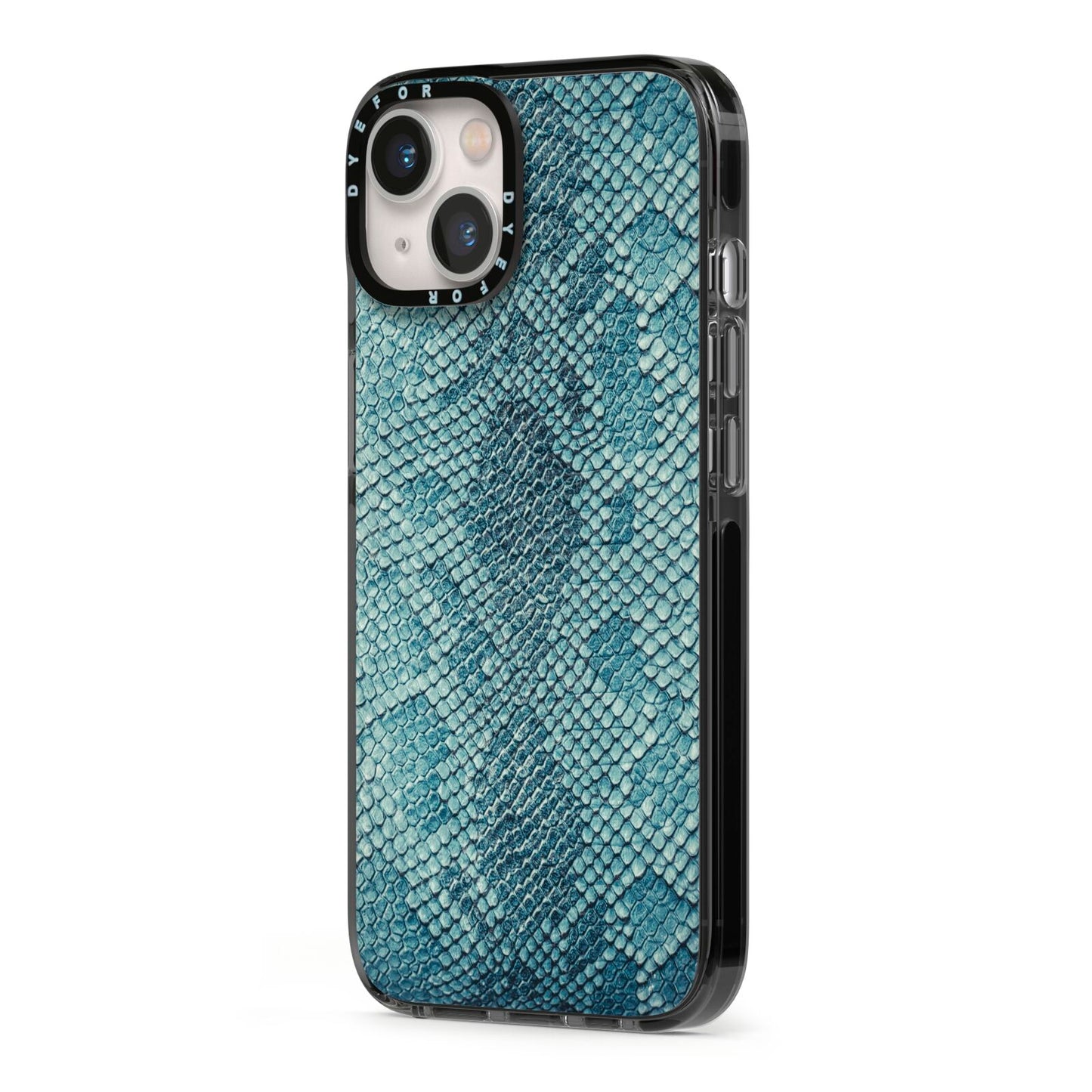 Teal Snakeskin iPhone 13 Black Impact Case Side Angle on Silver phone