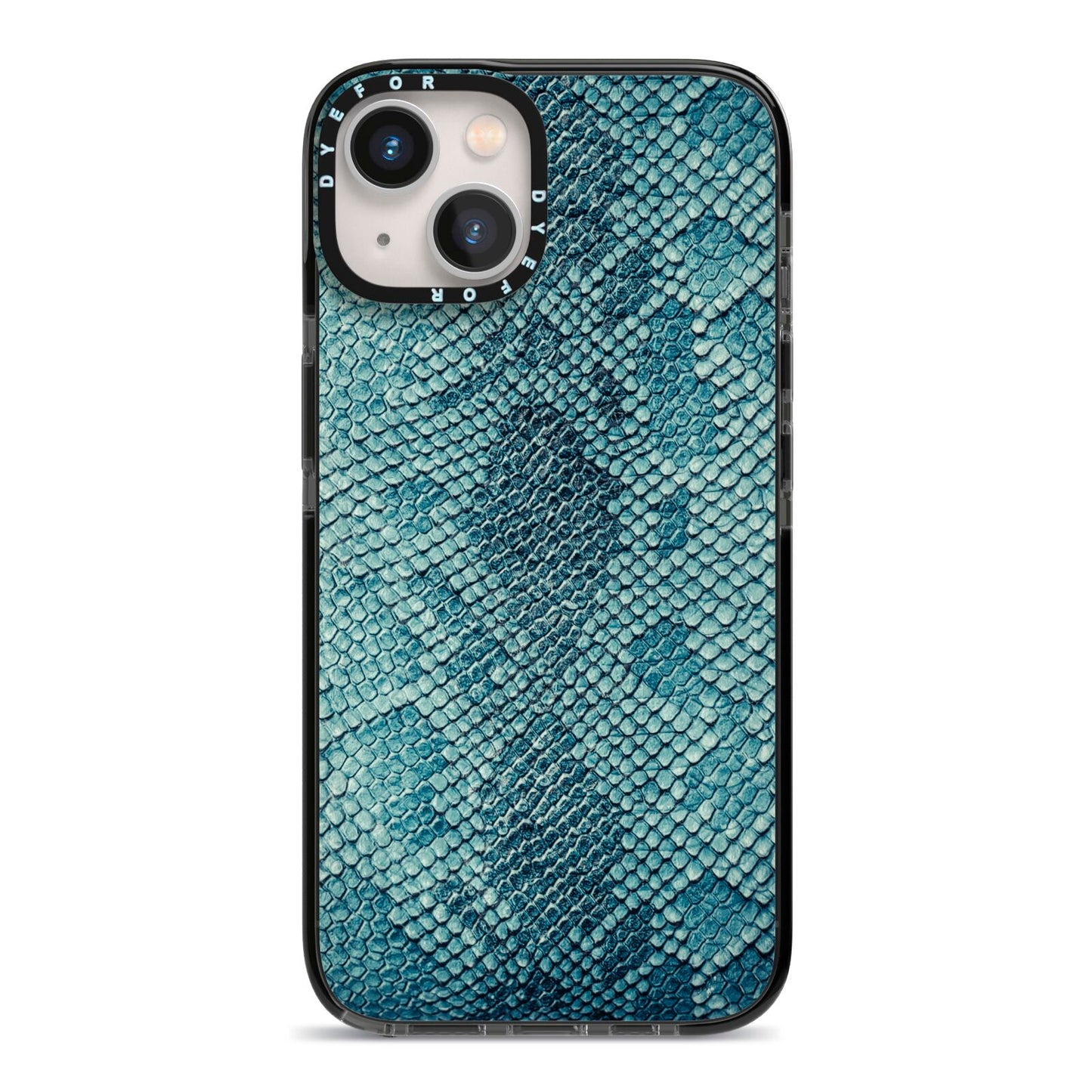 Teal Snakeskin iPhone 13 Black Impact Case on Silver phone