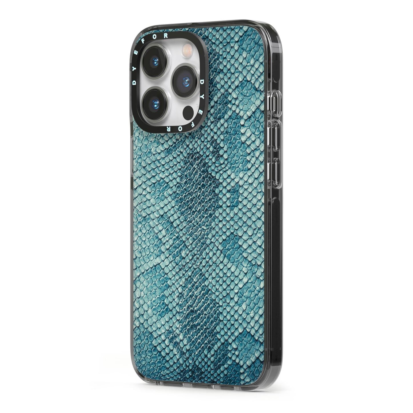 Teal Snakeskin iPhone 13 Pro Black Impact Case Side Angle on Silver phone