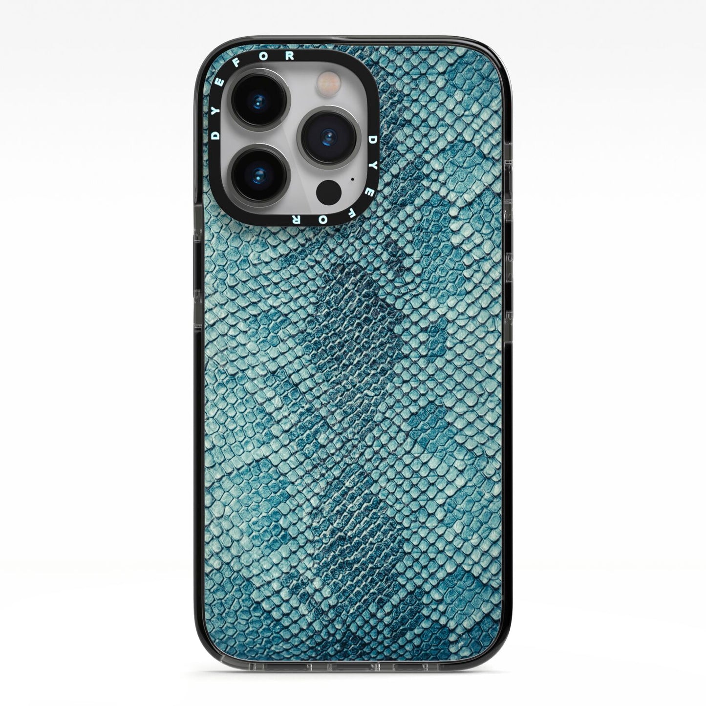 Teal Snakeskin iPhone 13 Pro Black Impact Case on Silver phone