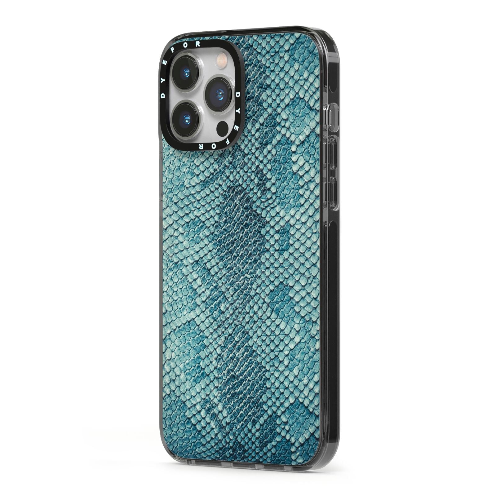 Teal Snakeskin iPhone 13 Pro Max Black Impact Case Side Angle on Silver phone