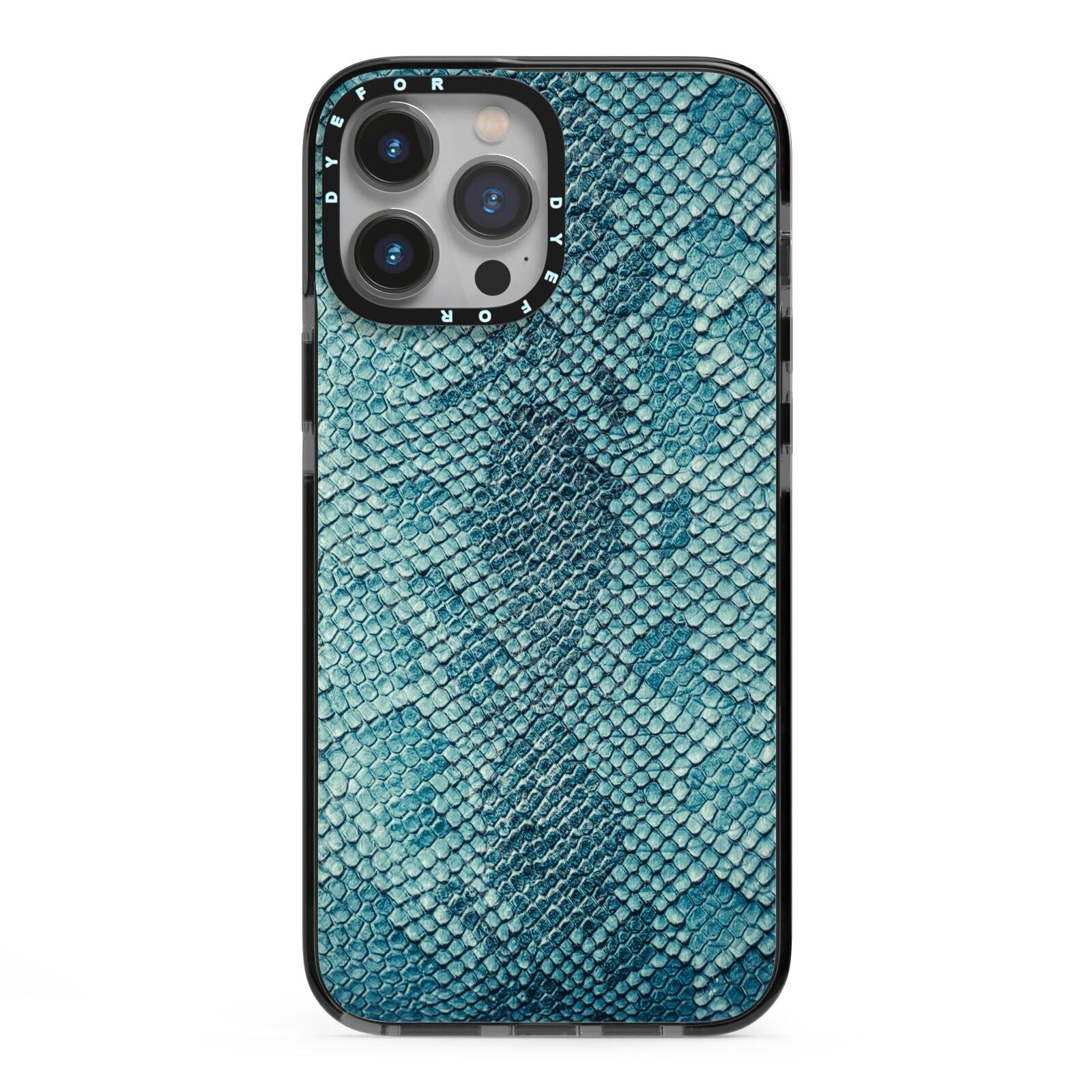 Teal Snakeskin iPhone 13 Pro Max Black Impact Case on Silver phone