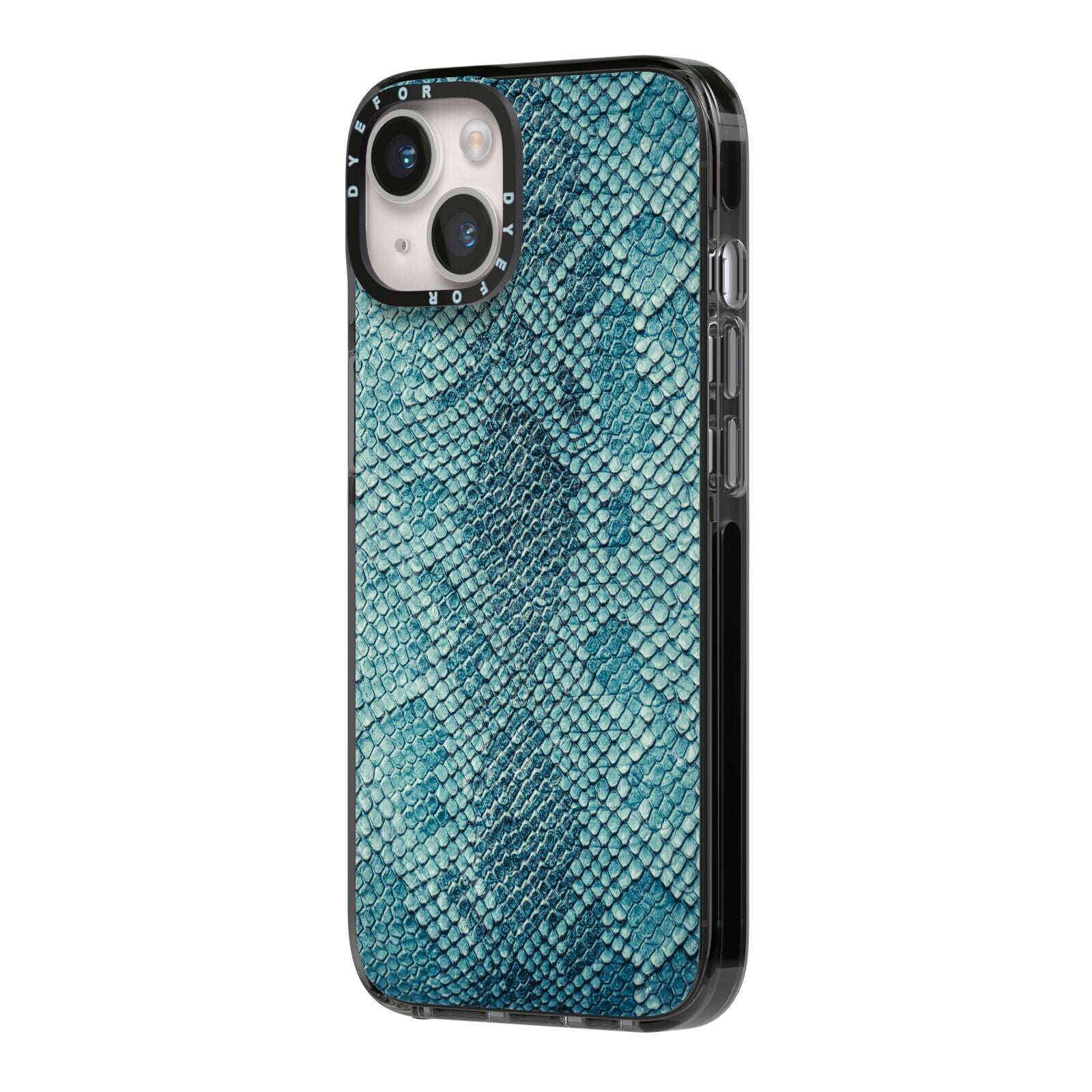 Teal Snakeskin iPhone 14 Black Impact Case Side Angle on Silver phone