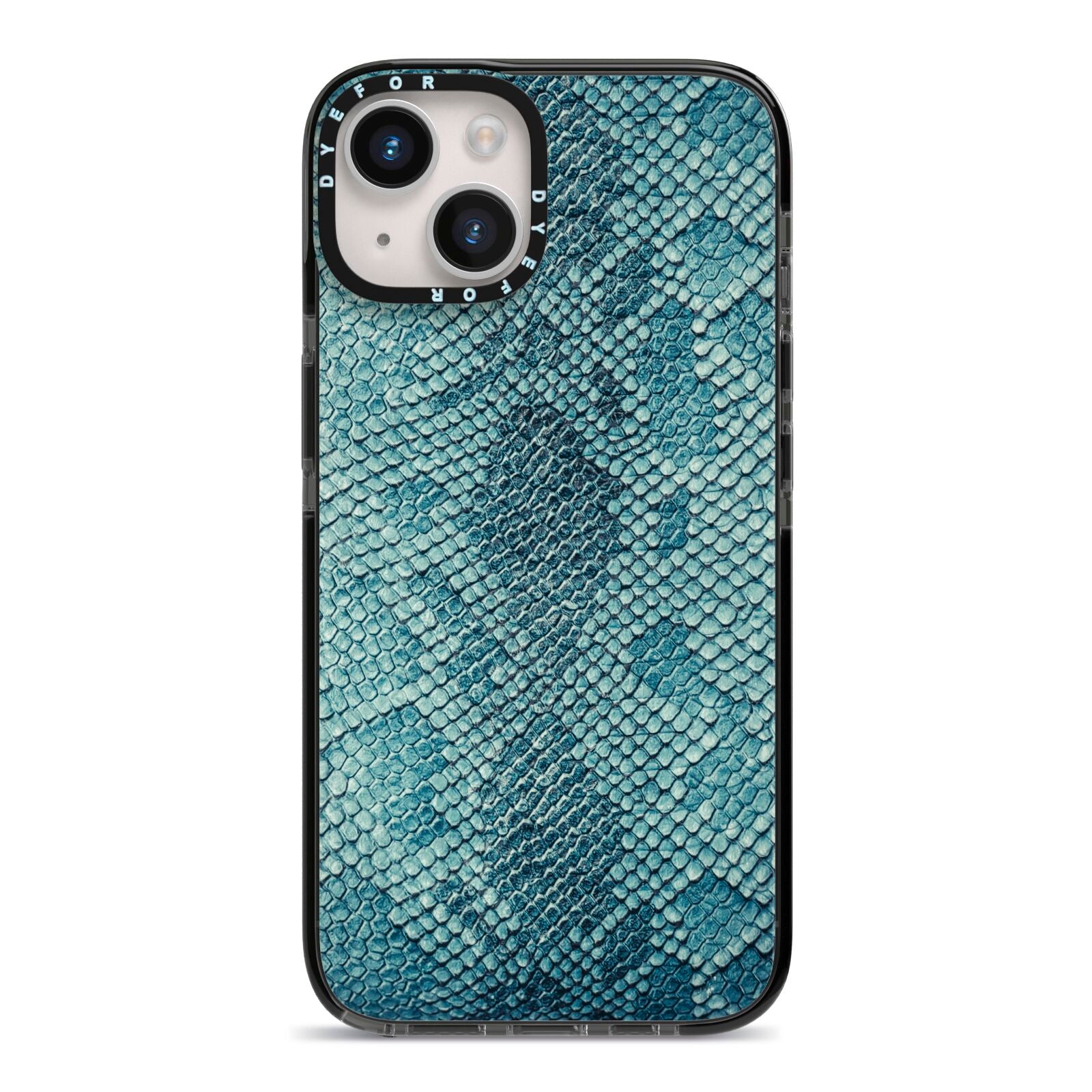 Teal Snakeskin iPhone 14 Black Impact Case on Silver phone