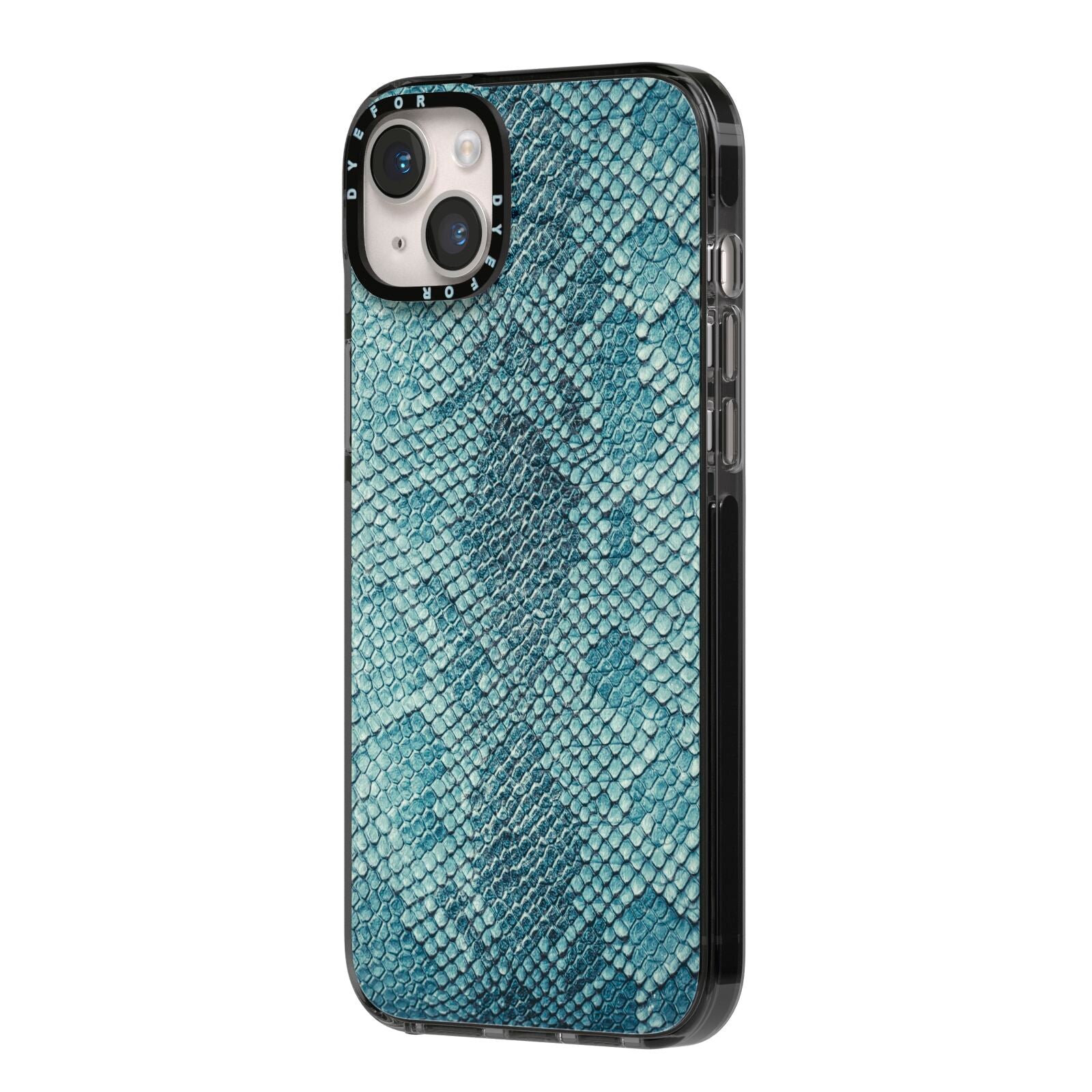 Teal Snakeskin iPhone 14 Plus Black Impact Case Side Angle on Silver phone