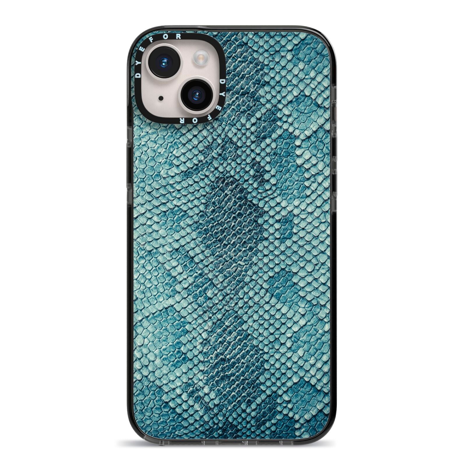 Teal Snakeskin iPhone 14 Plus Black Impact Case on Silver phone