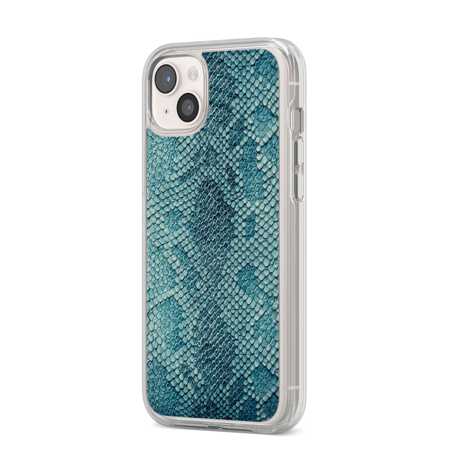 Teal Snakeskin iPhone 14 Plus Clear Tough Case Starlight Angled Image