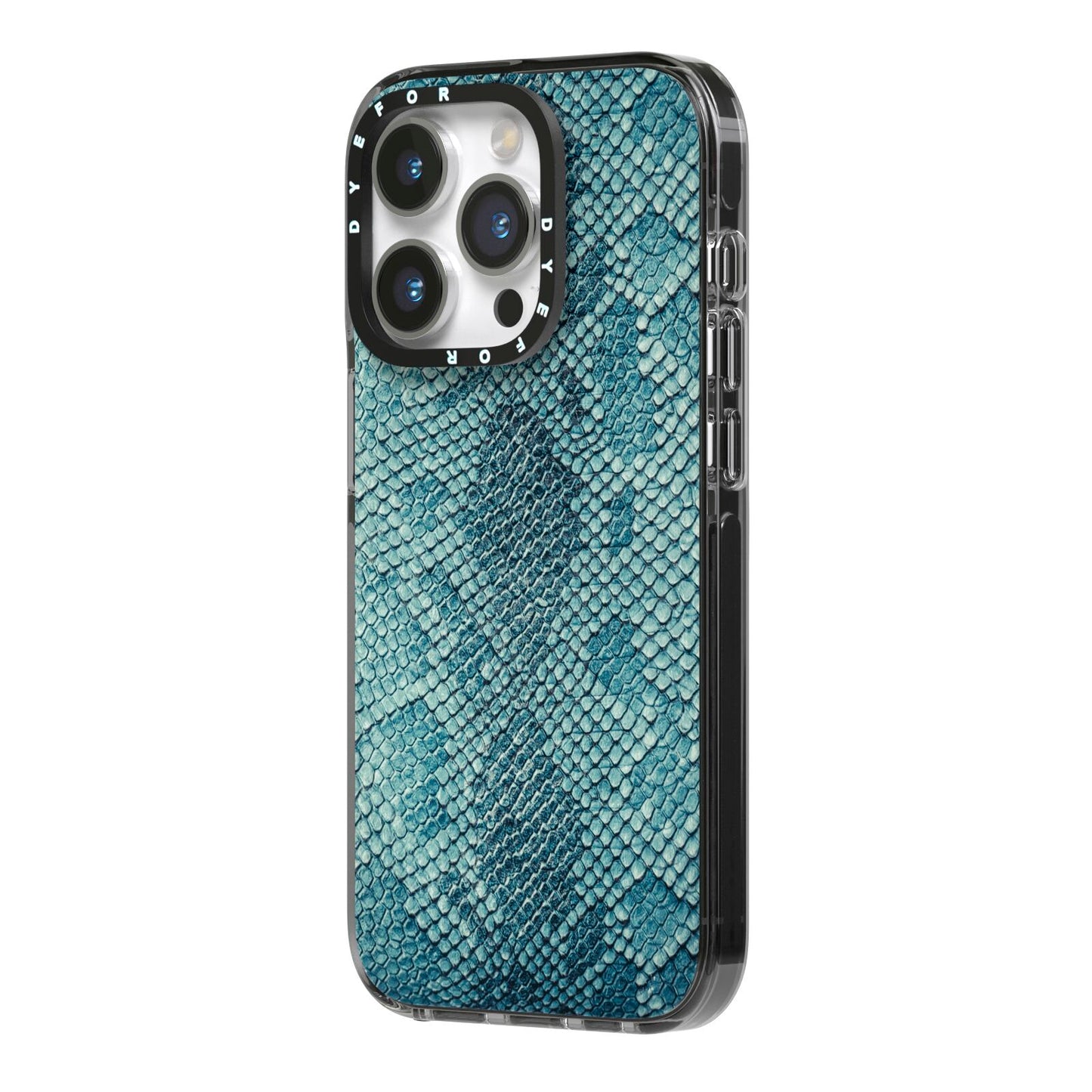 Teal Snakeskin iPhone 14 Pro Black Impact Case Side Angle on Silver phone