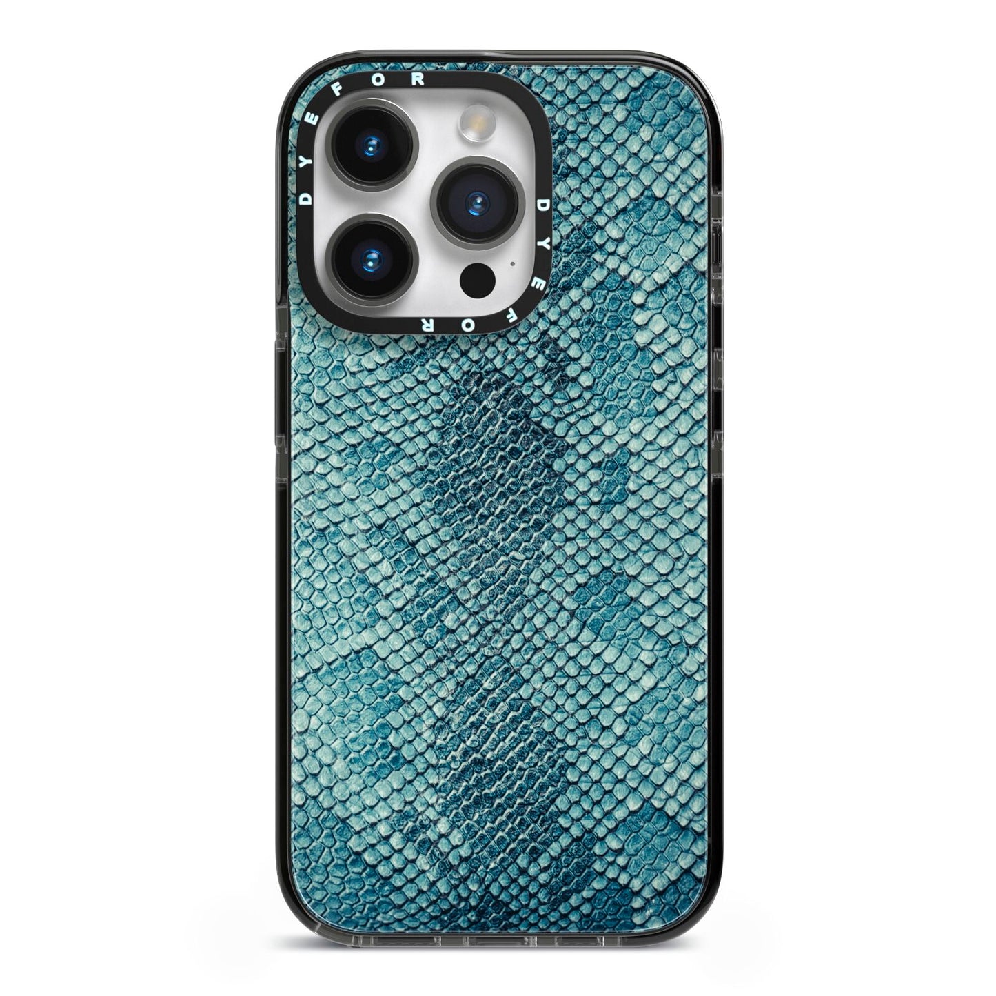 Teal Snakeskin iPhone 14 Pro Black Impact Case on Silver phone