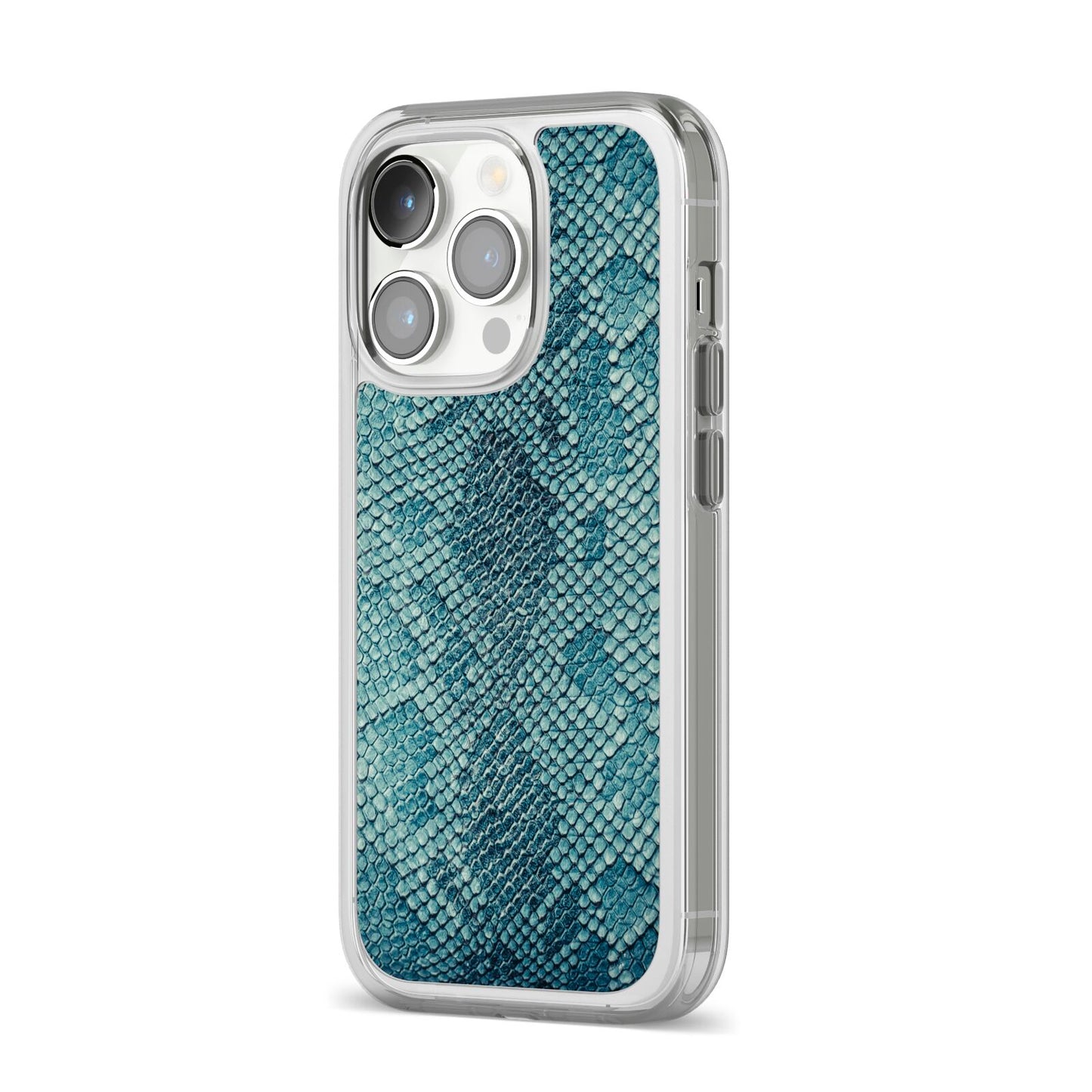 Teal Snakeskin iPhone 14 Pro Clear Tough Case Silver Angled Image