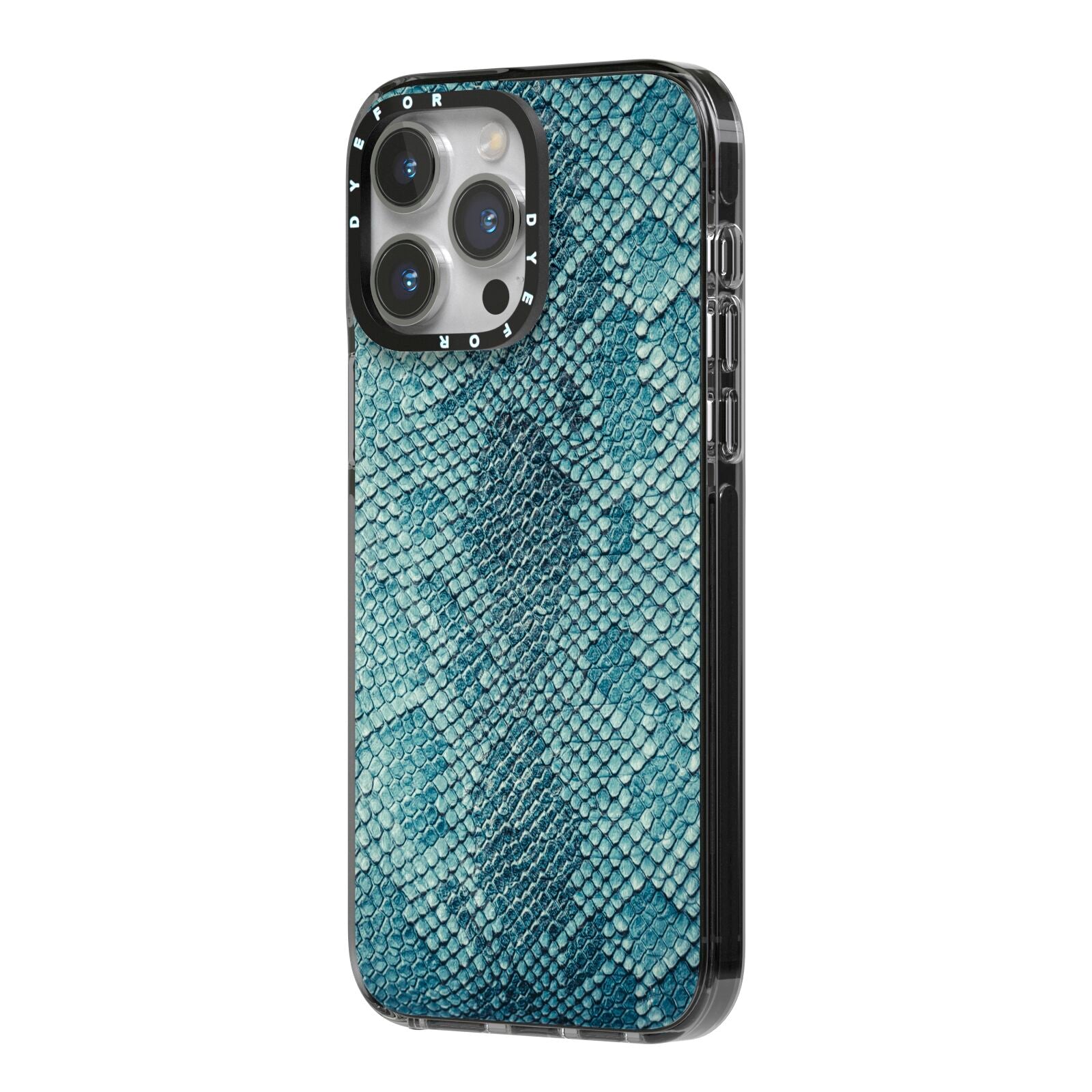 Teal Snakeskin iPhone 14 Pro Max Black Impact Case Side Angle on Silver phone