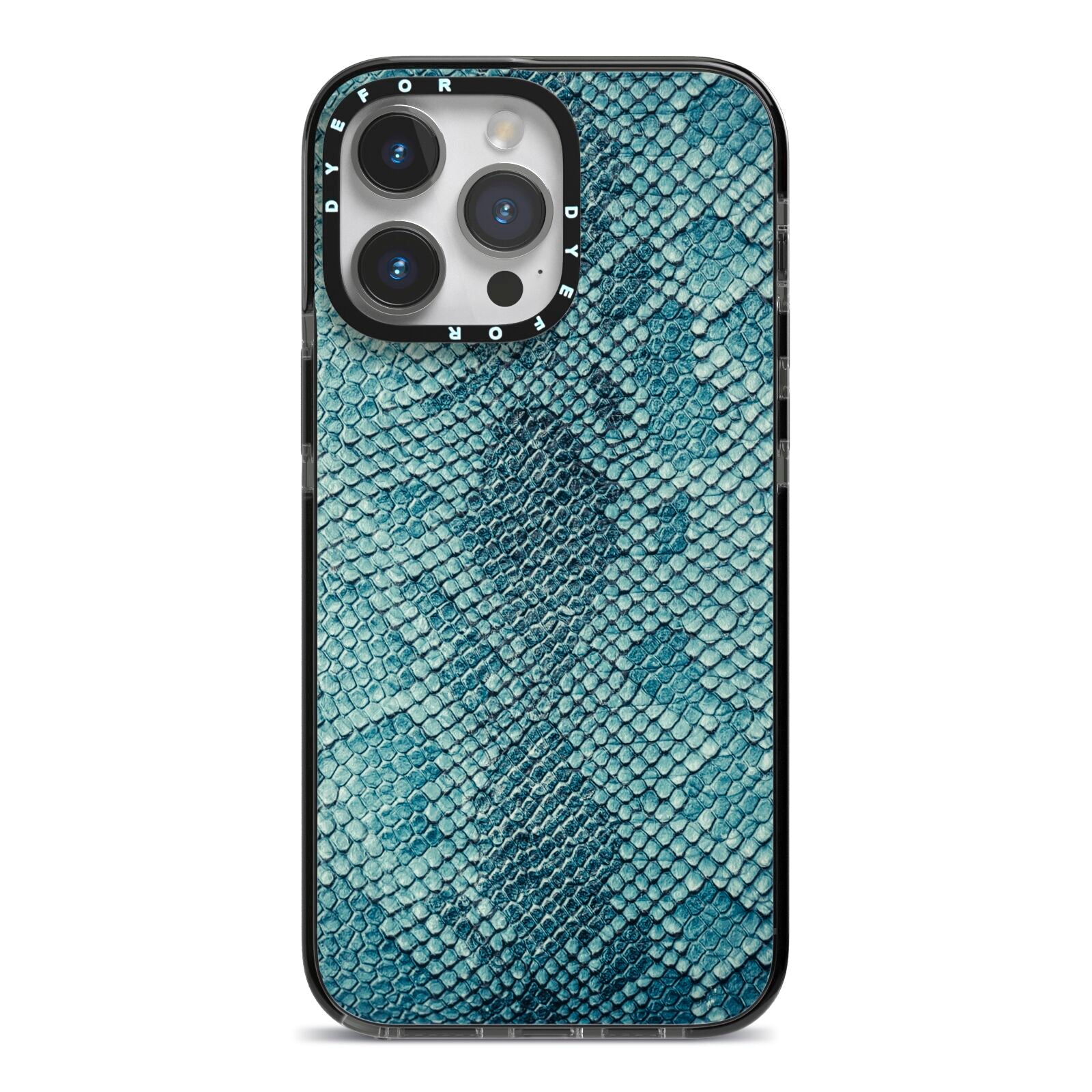 Teal Snakeskin iPhone 14 Pro Max Black Impact Case on Silver phone