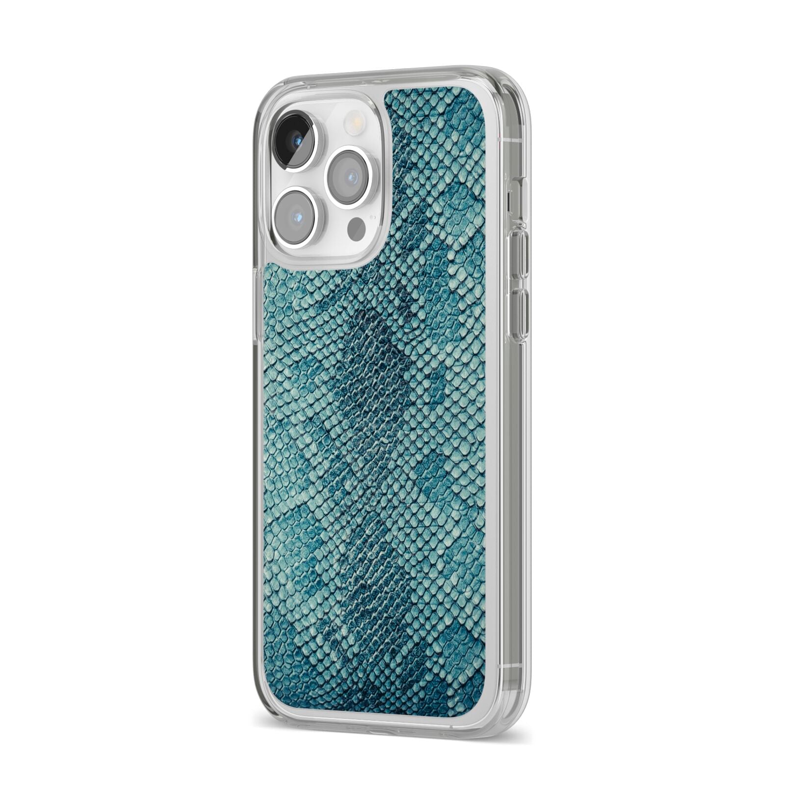 Teal Snakeskin iPhone 14 Pro Max Clear Tough Case Silver Angled Image